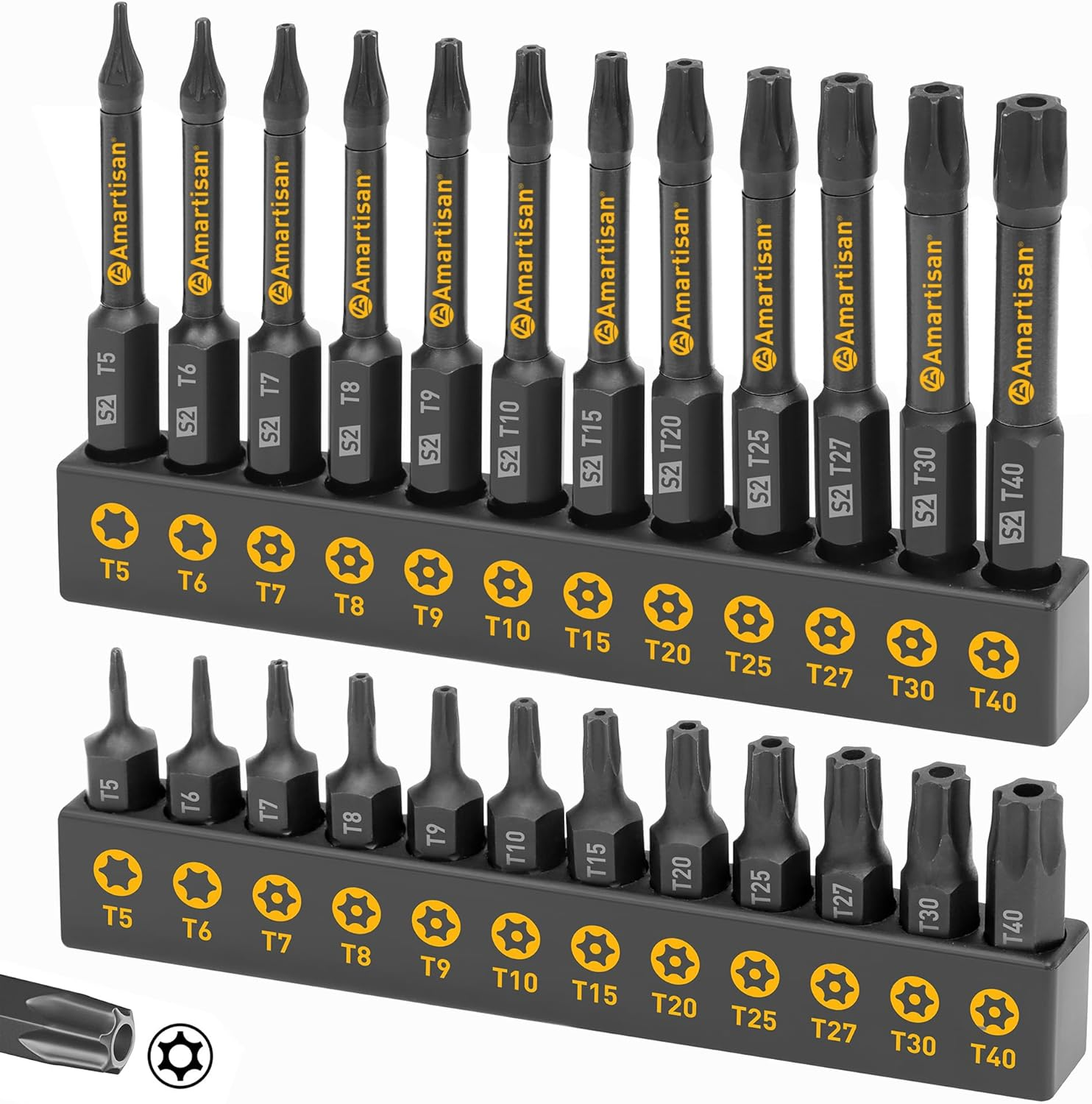 Amartisan Torx Bit Set, 24-Piece Security Torx Bit Set, Tamper Resistant Star Bits Set S2 Steel, 1" and 2.3" Long T5 - T40 image number 6