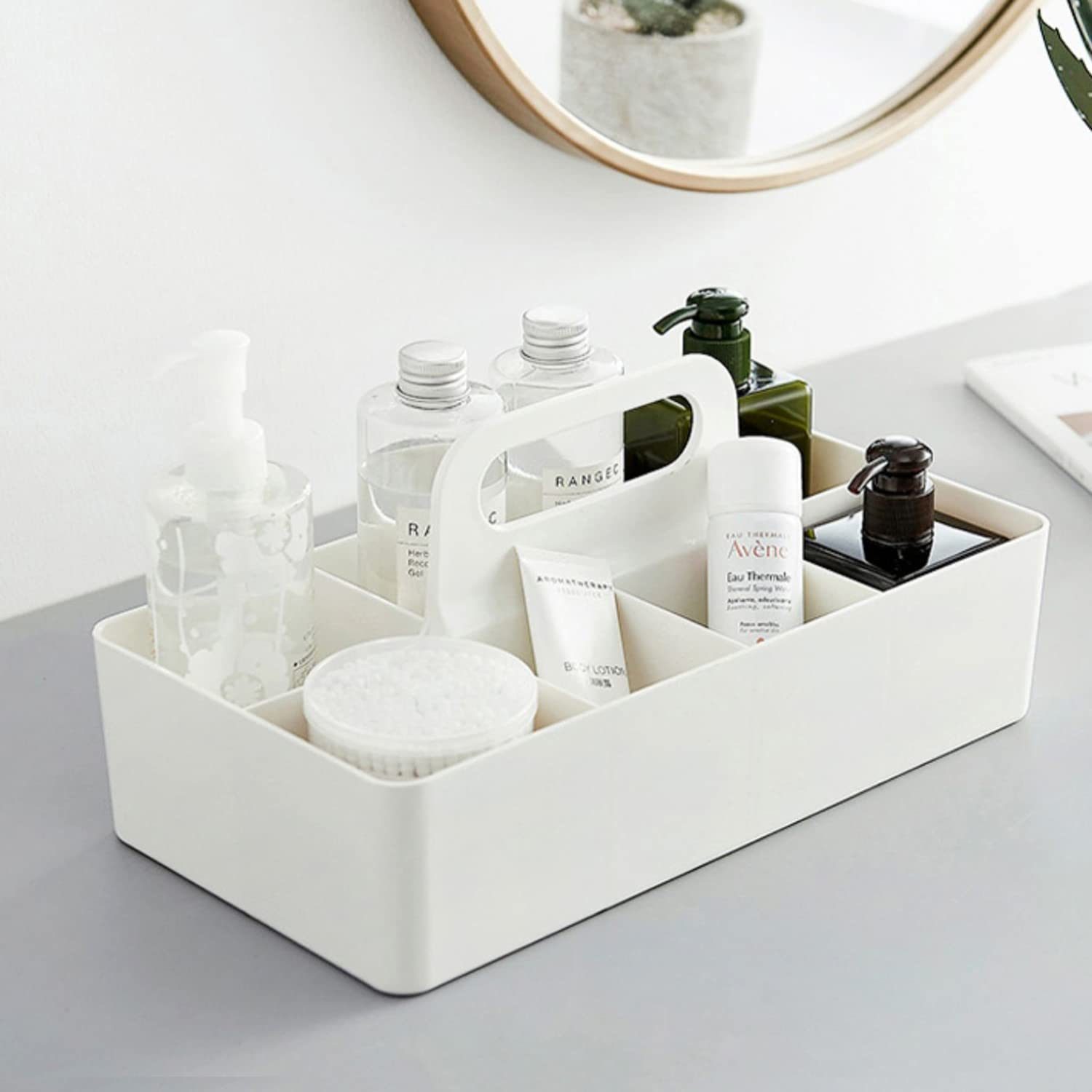 8 Slots Stackable Desk Organiser for Stationery, Arts & Craft Supplies, Portable Plastic Storage Containers Basket with Handle, Adjustable Makeup Organisers Case for Bathroom, Bedroom, & Home Office