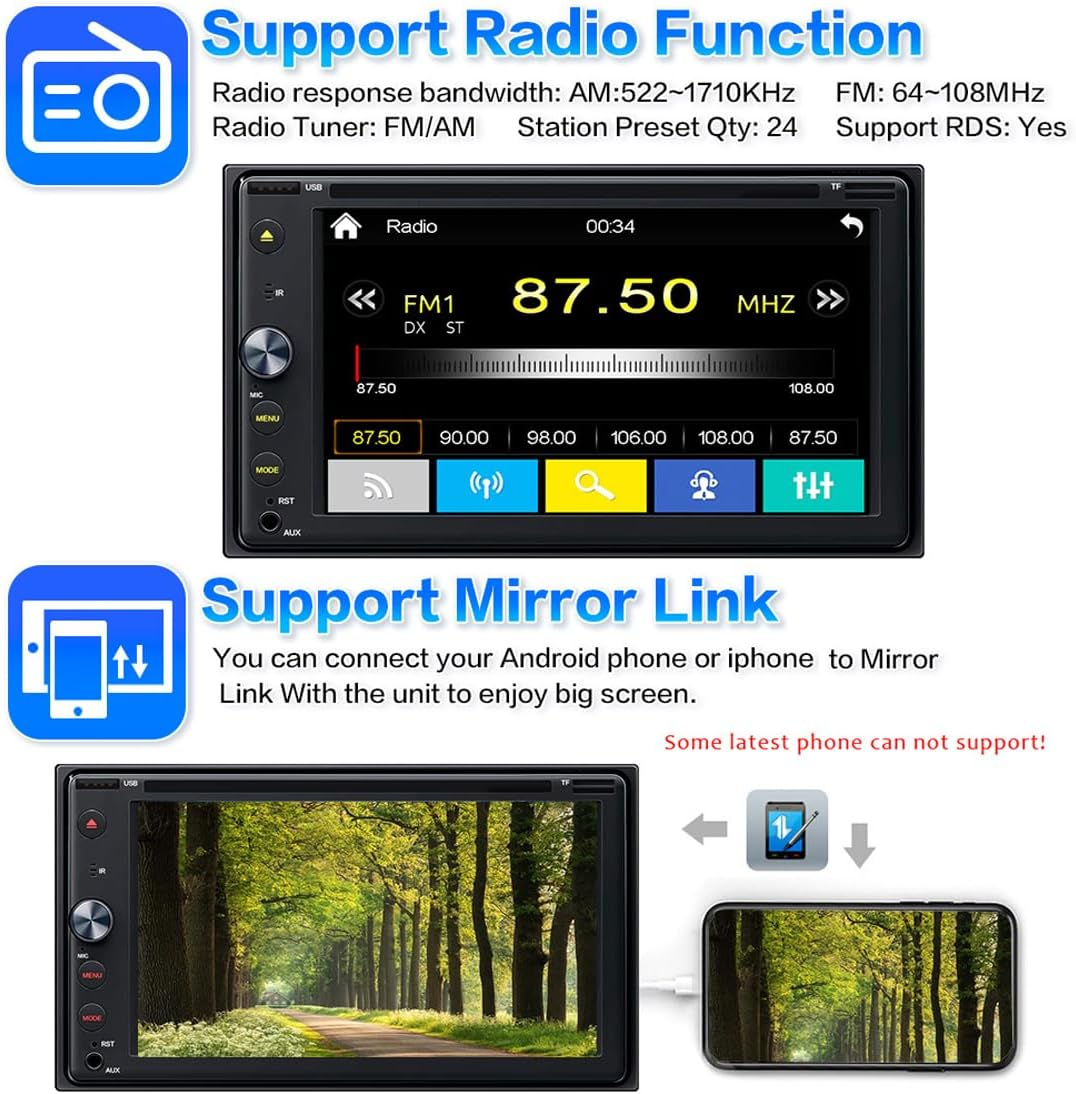 6.2 Inch Double Din Apple Carplay, Android Auto Car Stereo HD Touchscreen Bluetooth Multimedia DVD CD Radio Player, Car Play Mirror Link Car Audio Receiver RDS AM FM USB SD AUX