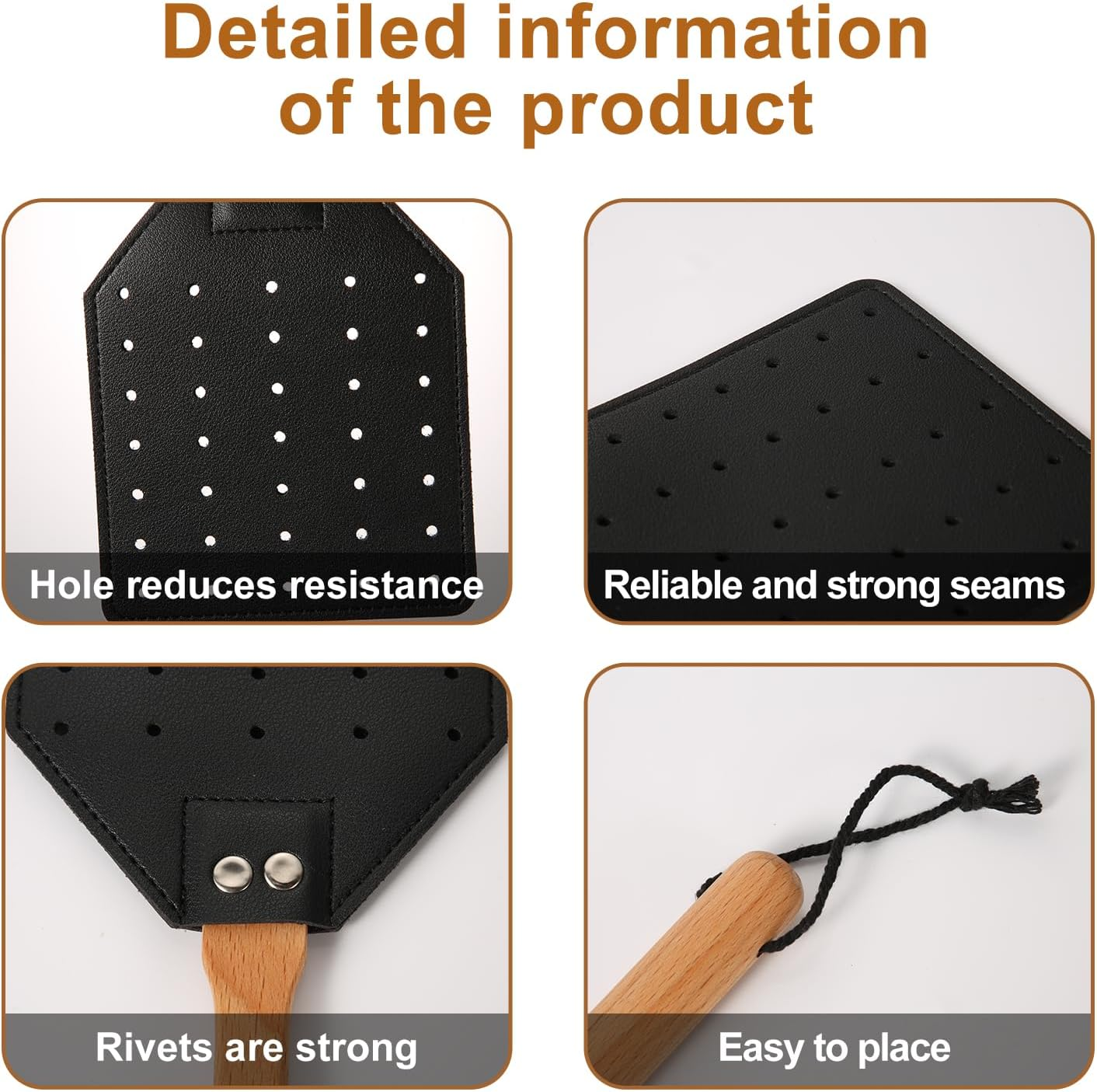 2Pcs Leather Fly Swatter, Manual Heavy Duty Fly Swatter with Long Wood Handle and Hanging Rope Durable Fly Swatter Catcher Wasp Swatter for Indoor Outdoor Home Fly image number 5