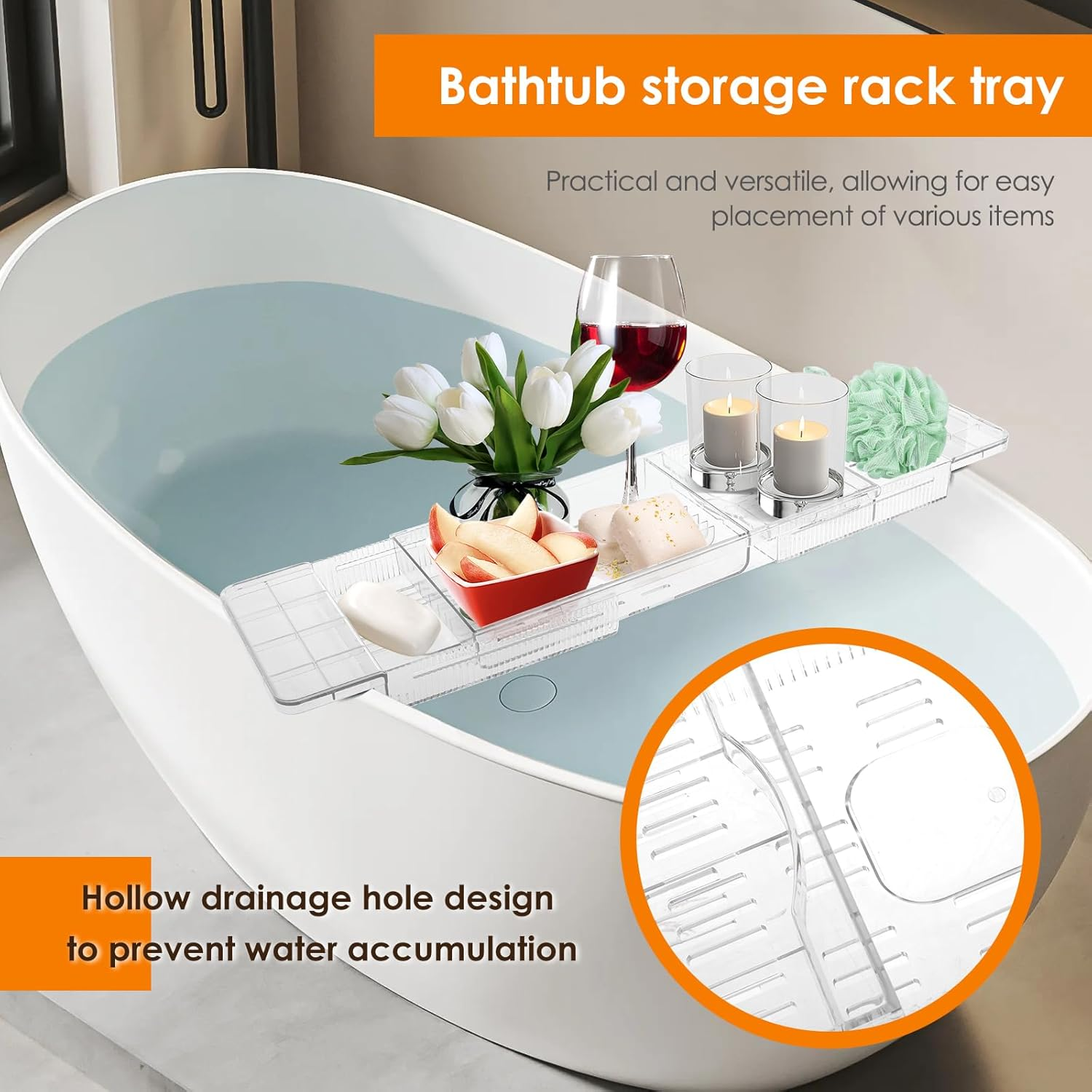 Expandable Bathtub Caddy Tray 56.5Cm to 80.5Cm Adjustable Length Clear Bathtub Tray Plastic Drain Bath Shelf Caddy Adjustable Plastic Bathtub Caddy Bathroom Tray Bathtub Accessories image number 6
