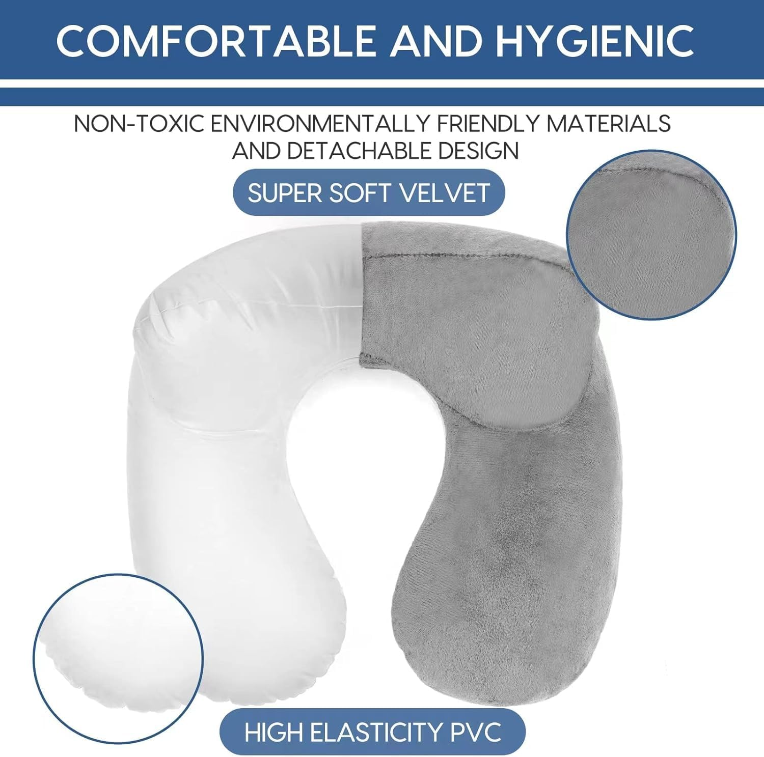 2 Pack Inflatable Travel Pillow for Airplanes Inflatable Neck Flight Pillows with Compact Bag and Blindfold for Traveling, Airplane, Train, Car, Office(Light Gray and Sky Blue) image number 6