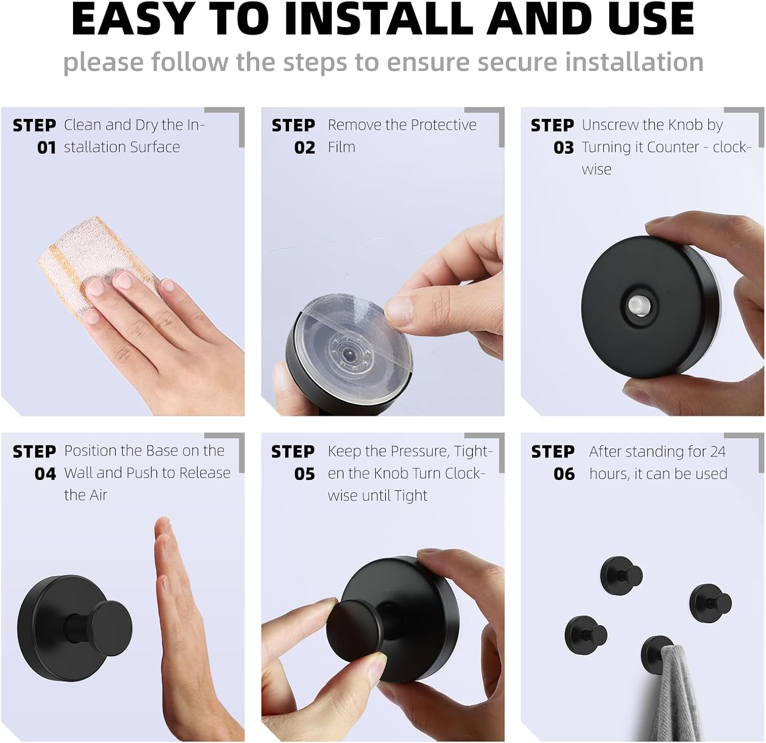 Suction Cup Hooks 4 Pcs Wall Hooks for Bathroom, Shower, Mirror, Towels, No-Drill, Waterproof and Rustproof (Black) 11 image number 1