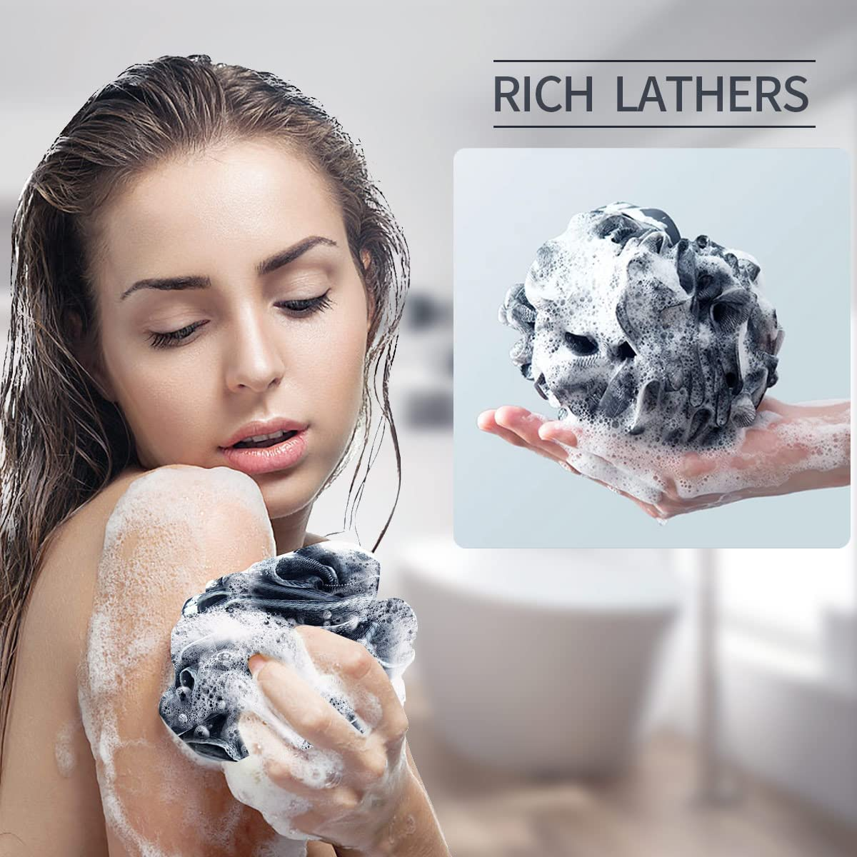 Missrui Shower Bath Sponge Shower Pouf Loofahs Balls 60G/Pcs for Body Wash Bathroom Men Women Kids- Set of 2 Black Sponges image number 5