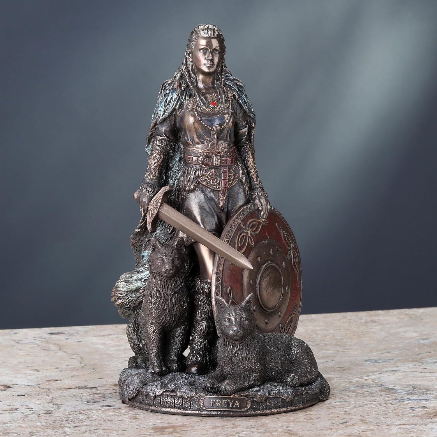 Veronese Design 8 1/4 Shield Maiden Freya Norse Goddess of Love Beauty and War Cold Cast Resin Sculpture Antique Bronze Finish Statue image number 2