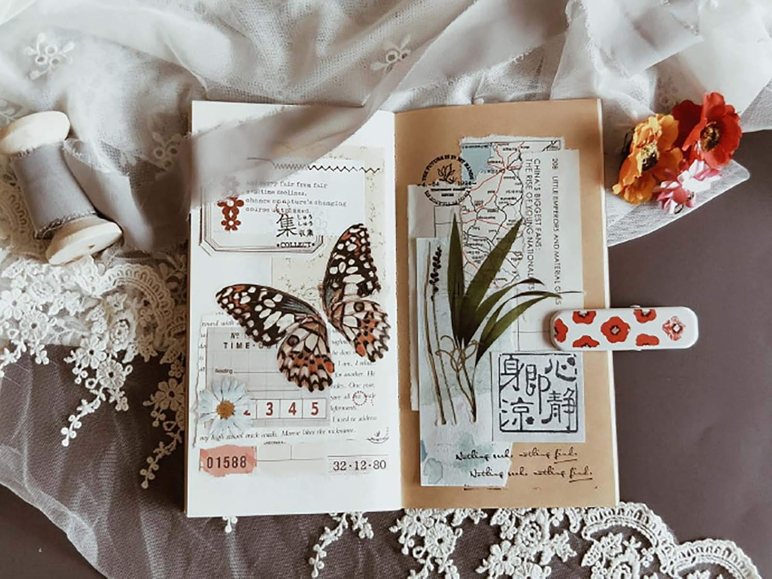 Doraking 50PCS Vintage Tropical Plants Butterfly Green Plants Stickers for Decoration Laptop Scrapbook, Doraking No-Repeat Vintage Butterfly Stickers image number 6