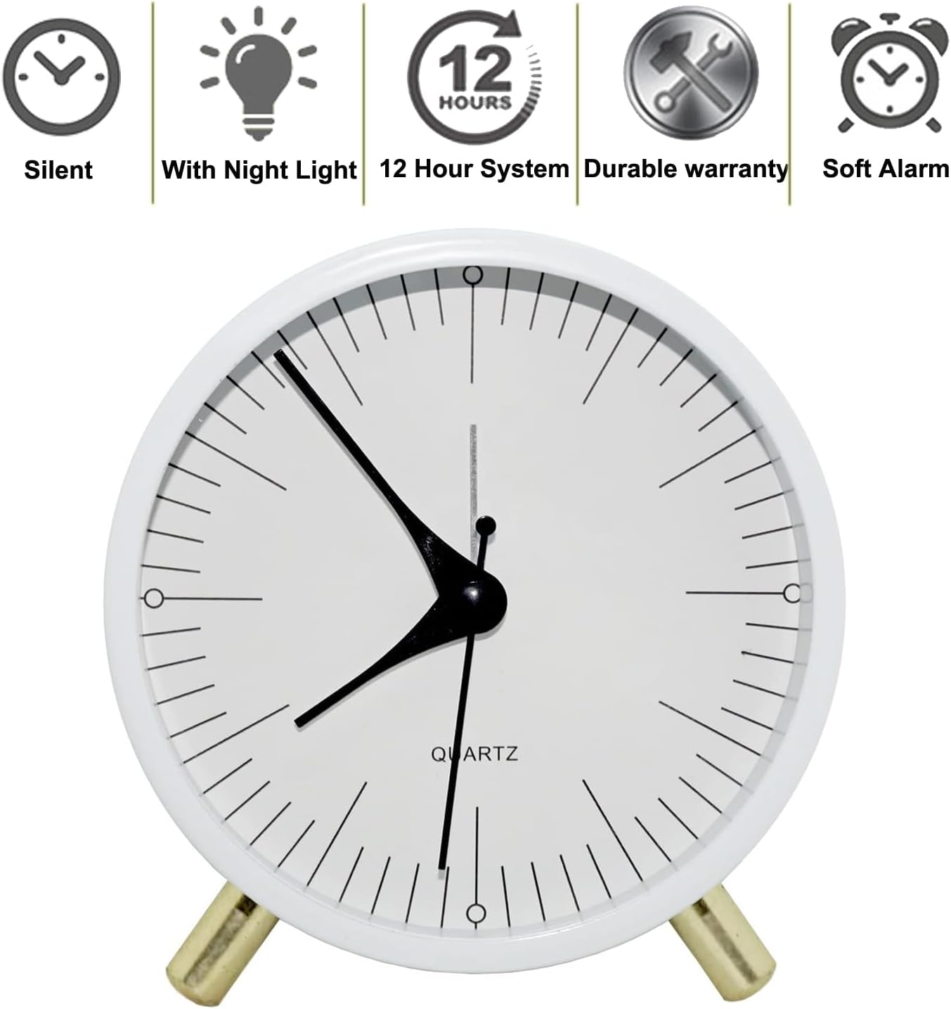 SHISEDECO Alarm Clock with Backlight, 4.5 Inches Bedside Analog Non-Ticking Silent Small Desk Clock with Arabic Numerals, Battery Operated round Table Clock for Living Room, Bedroom (White-S) image number 5