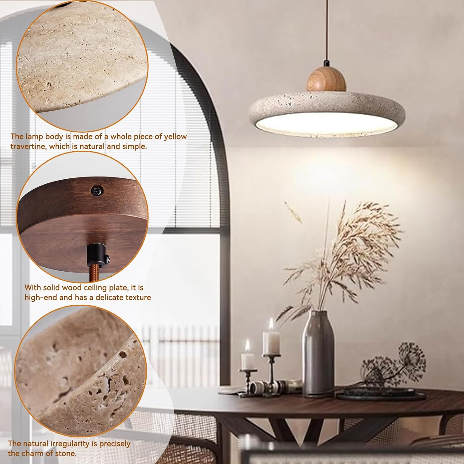 Natural Stone Pendant Light &ndash;Adjustable Hanging Light for Kitchen Island Dining Room Living Room, French Travertine Ceiling Light Fixture with LED, Modern Minimalist Design (B,M) image number 3