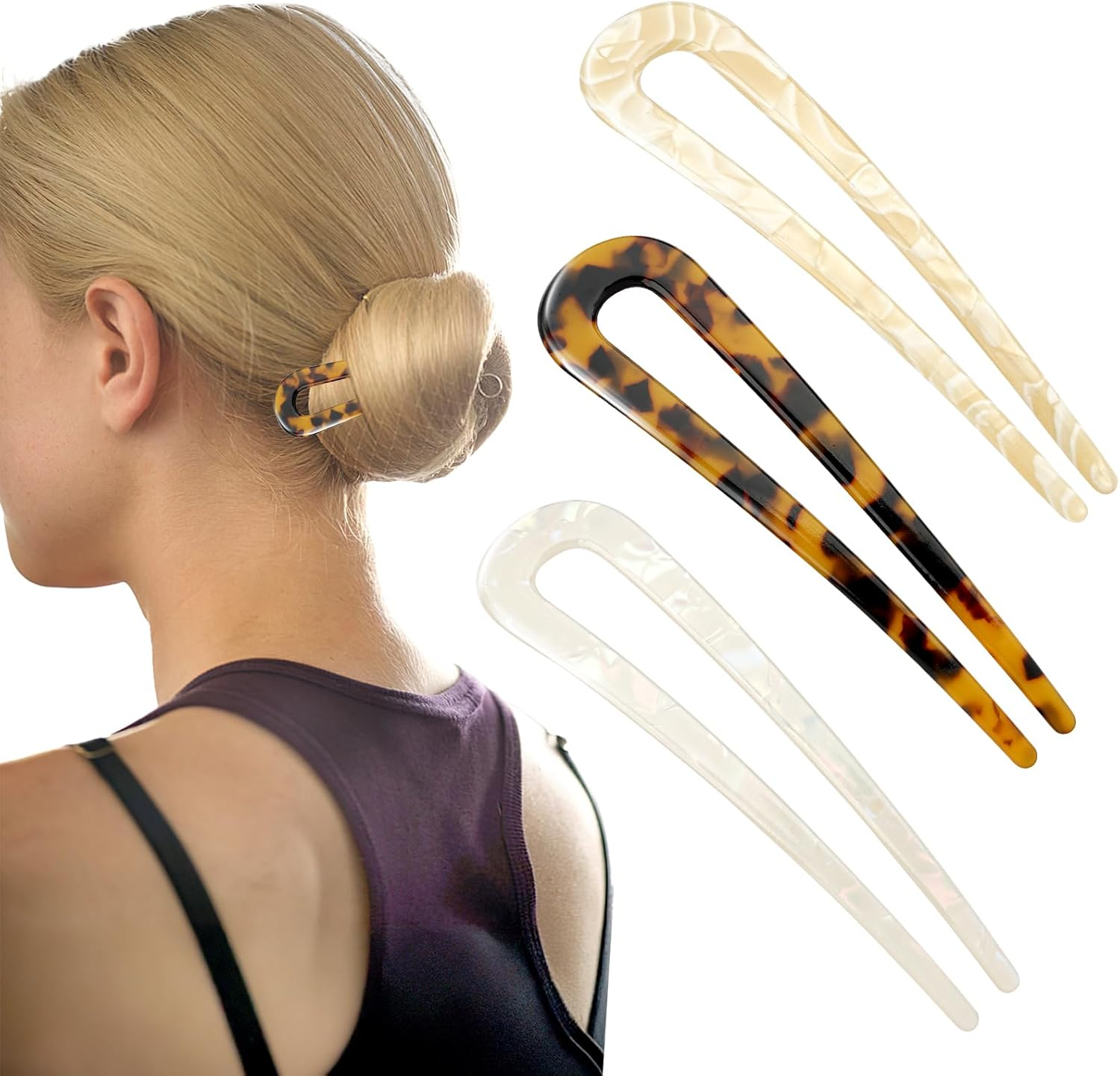 French Hair Pin 3 Pieces, U Shaped Hairpin, Acrylic Hair Pins, Large, 2 Prong Hairpin Updo for Women, Girls, Women