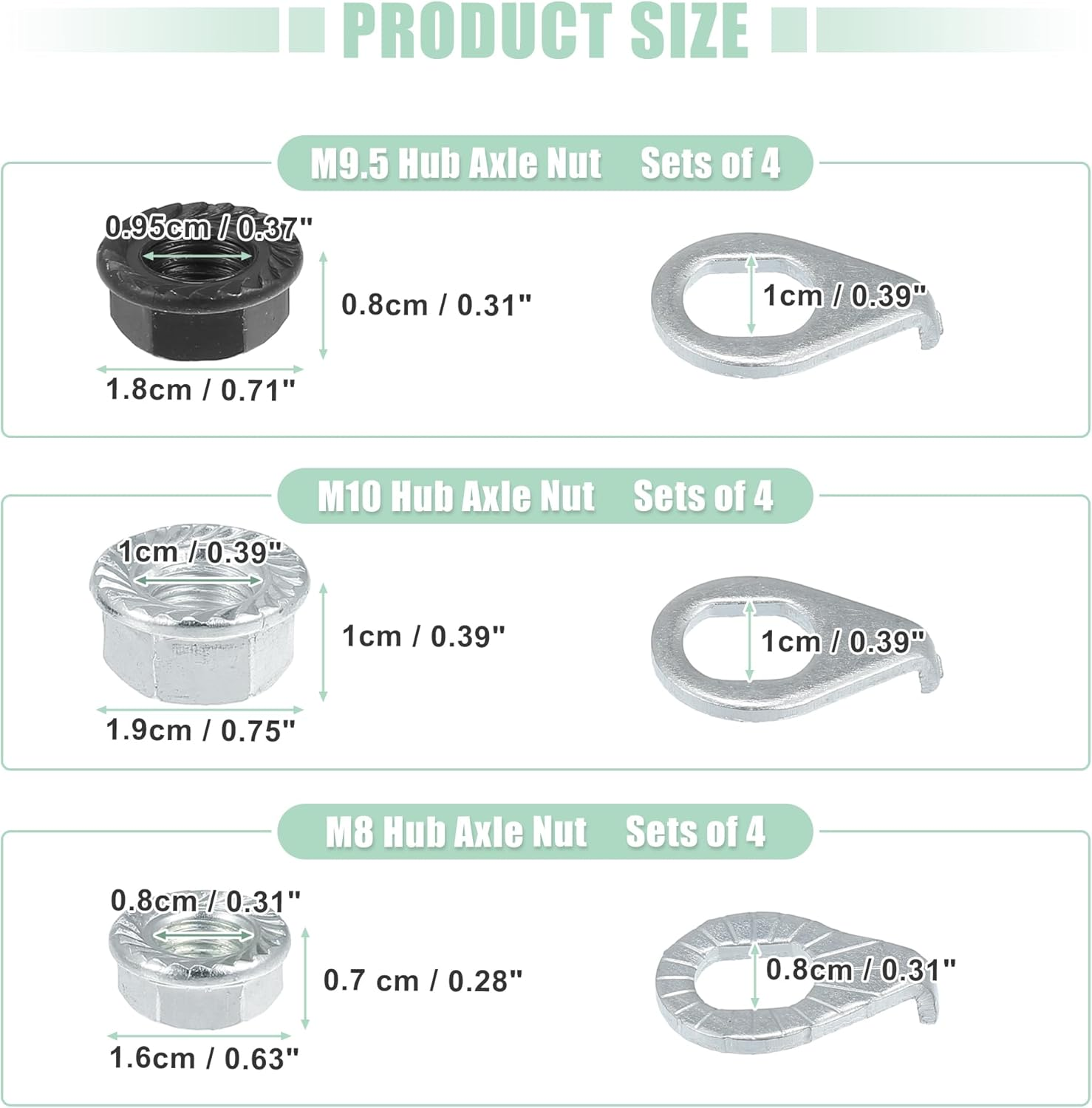 Uxcell 1 Set Bicycle Nuts and Bicycle Safety Washer Kit M8/M9.5/M10 Bicycle Nut with M8/M10 Bike Safety Washer for Front Rear Mountain Bike Wheel Axle image number 3