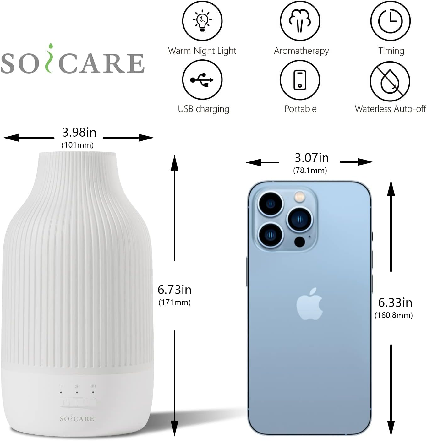 SOICARE Cordless Rechargeable Diffuser, Battery Operated Mini Portable Wireless Diffuser for Essential Oils, 80ML Small USB Essential Oil Diffuser with Warm Light (White) image number 1