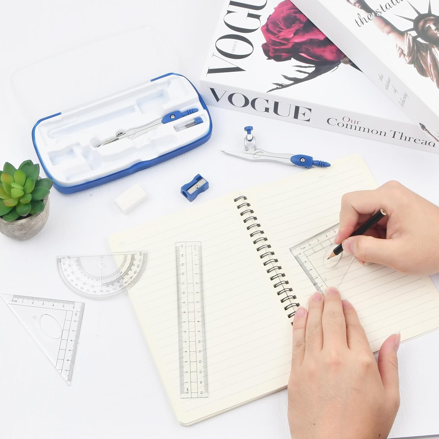 Pack of 10 Compass for Geometry Math Geometry Kit, Geometry Compass Set, Including Set Square, Lead Refills, Pencil, Eraser Sharpener for School Mathematics (Blue) image number 1