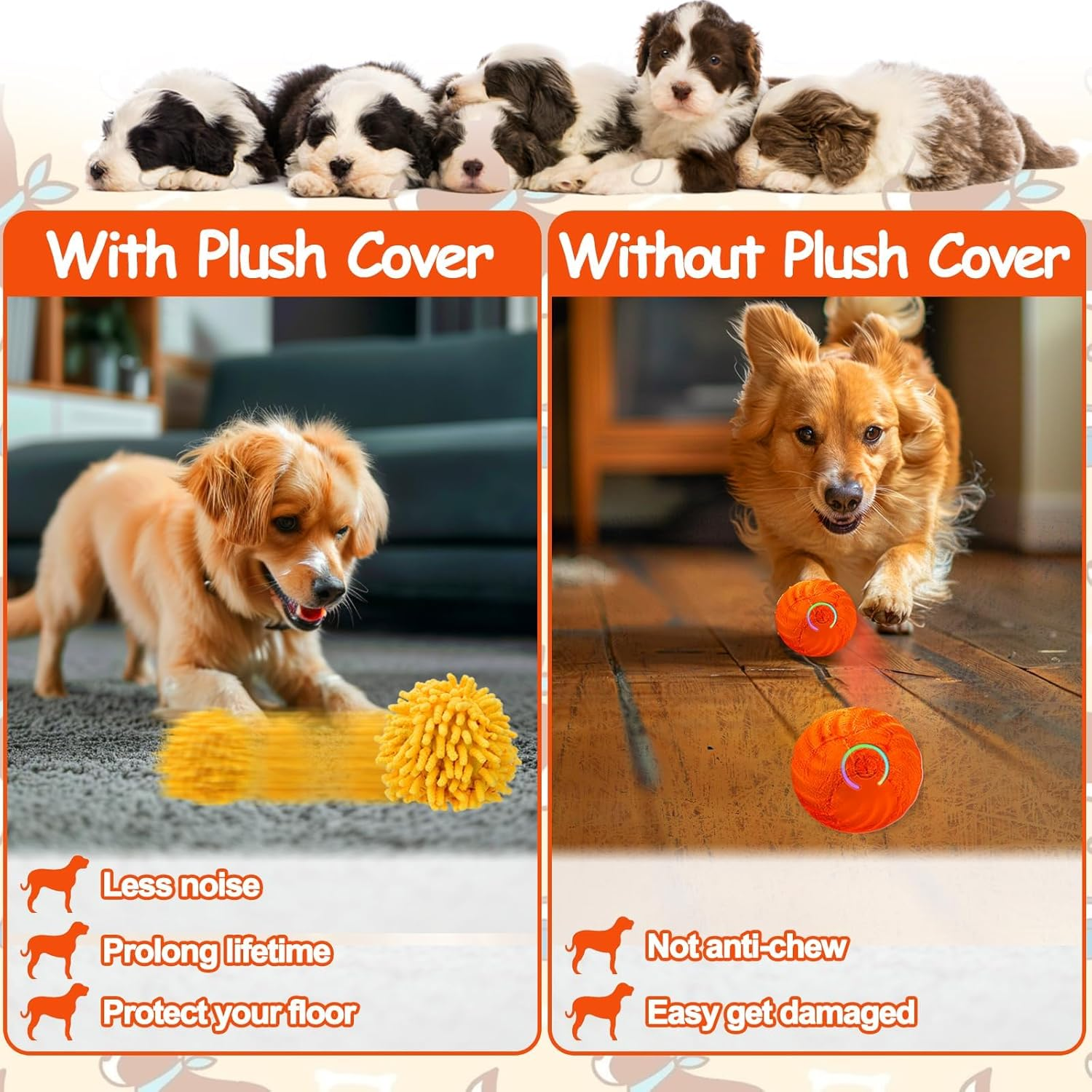 Interactive Dog Toys Ball, Self Rolling Dog Ball with Cover Anti-Chewer for Small/Medium/Large Puppy Pet Toys, Active Rolling Ball for Dogs Enrichment, Motion Activated Toys That Move Its Own Orange image number 4