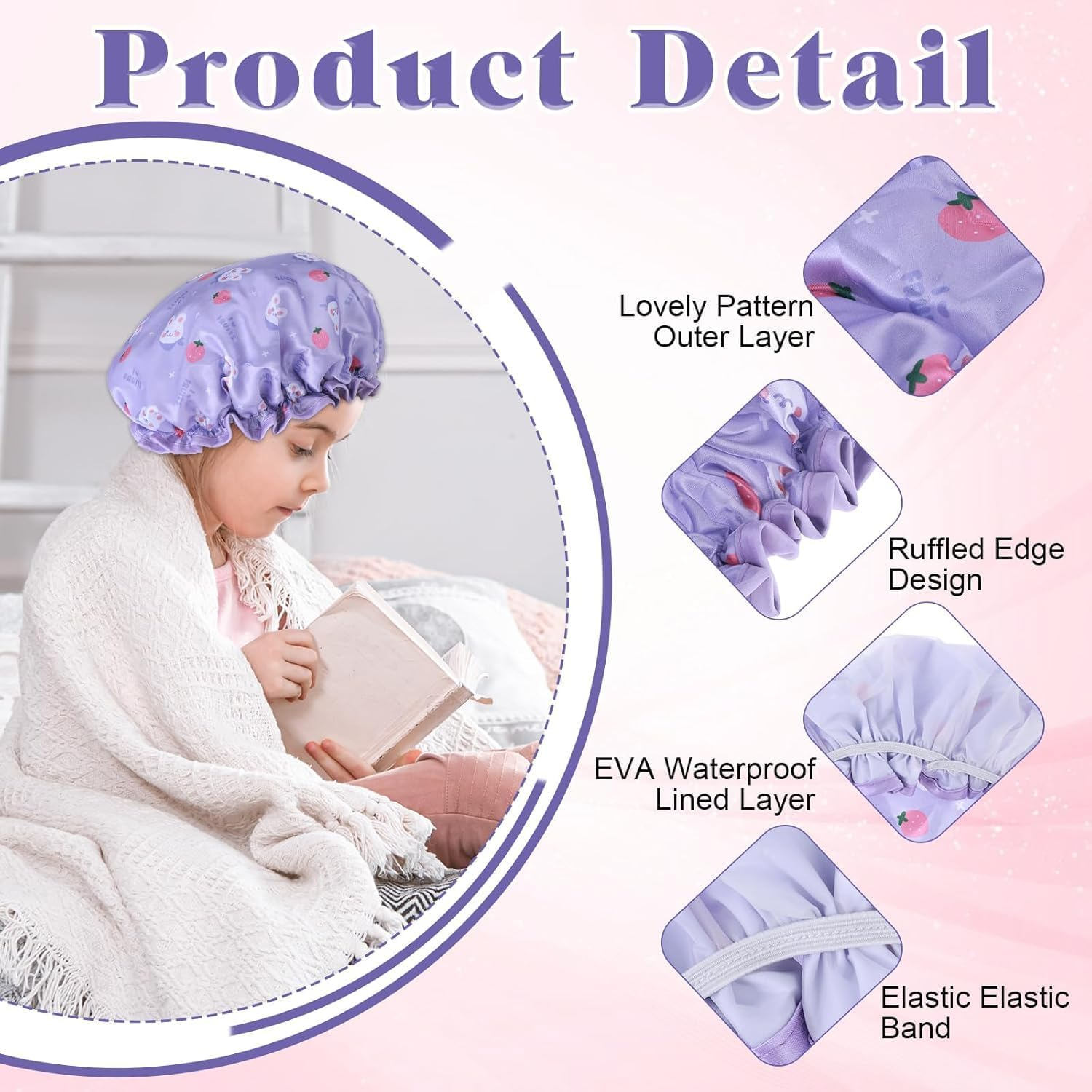 Kids Shower Cap & Shower Cap for Kids 2-Pack, Waterproof Double Layer Rabbit Design with Elastic Band, Reusable Bath Cap for Children - 2 Pieces (Purple + Yellow) image number 6