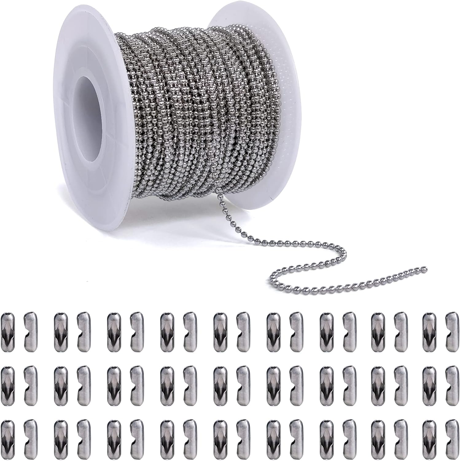 66 Feet Silver Ball Bead Chains 1.5Mm Stainless Steel Jewelry Links with 50Pcs Connectors Clasps for DIY Keychain Dog Tag Necklace Making image number 5