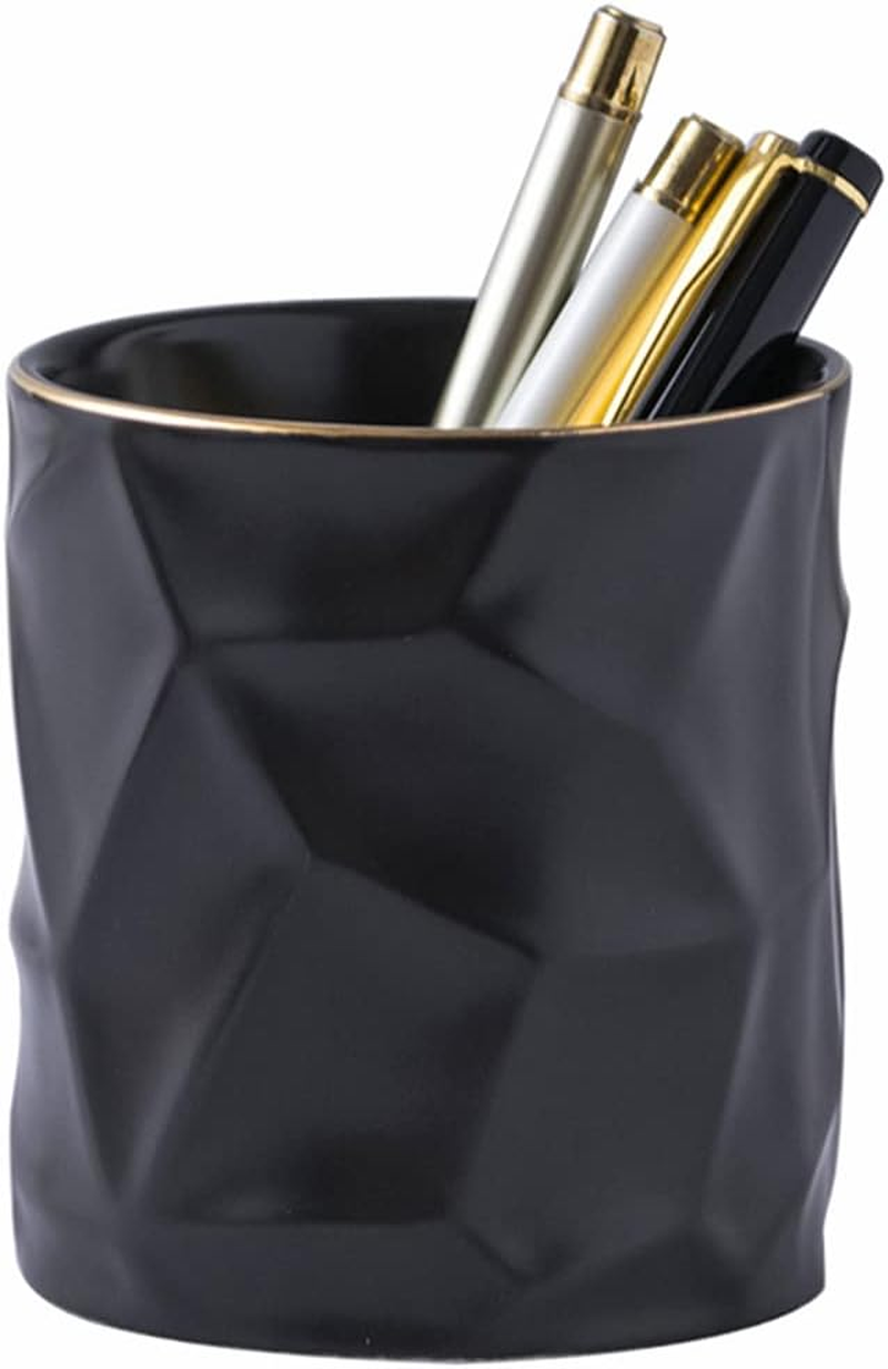 YOSCO Ceramic Irregular round Pen Holder for Desk Cute Stand Gold Line Aesthetic Pencil Cup Pot Desk Organizer for Men Women Makeup Brush Holder (Black)