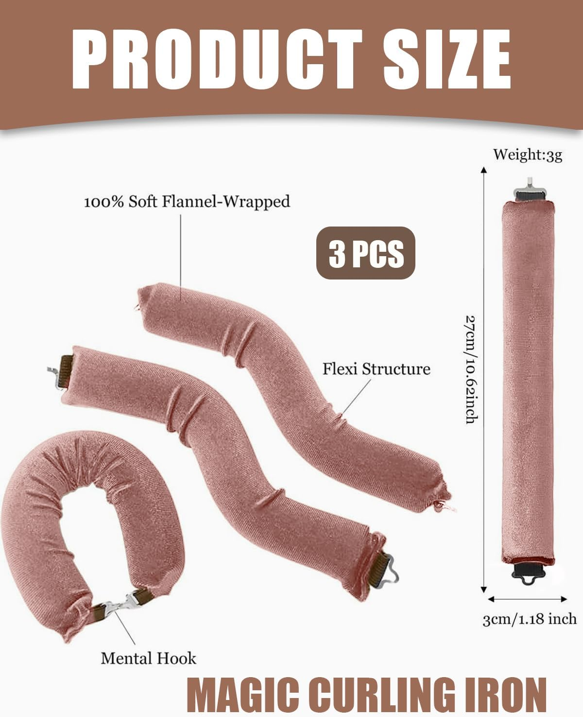 YOCDNOV Pack of 3 Heat-Free Curlers, Flexi Rods with Hooks, Heat-Free Curling Iron for All Hair Types, Hair Rollers for Sleeping, for All Hair Types (Pink) image number 3