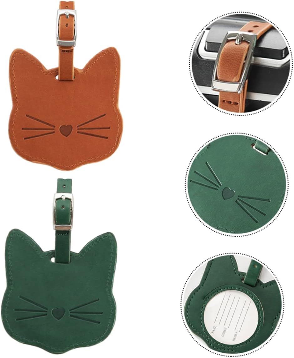 OFFSCH 2Pcs Pu Leather Luggage Tag Cat Head Design for Suitcases for Cruise Travel Carry Bag Baggage Identification Leather Strap and Id Window Random Color image number 3