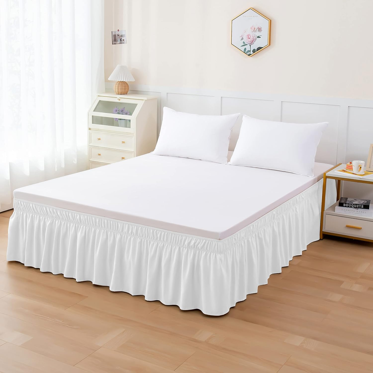 Elegant Comfort Luxurious Wrap around Elastic Solid Ruffled Bed Skirt, with 16 Inch Tailored Drop - Easy Fit, Premium Quality Wrinkle and Fade Resistant - King/Queen, White image number 3