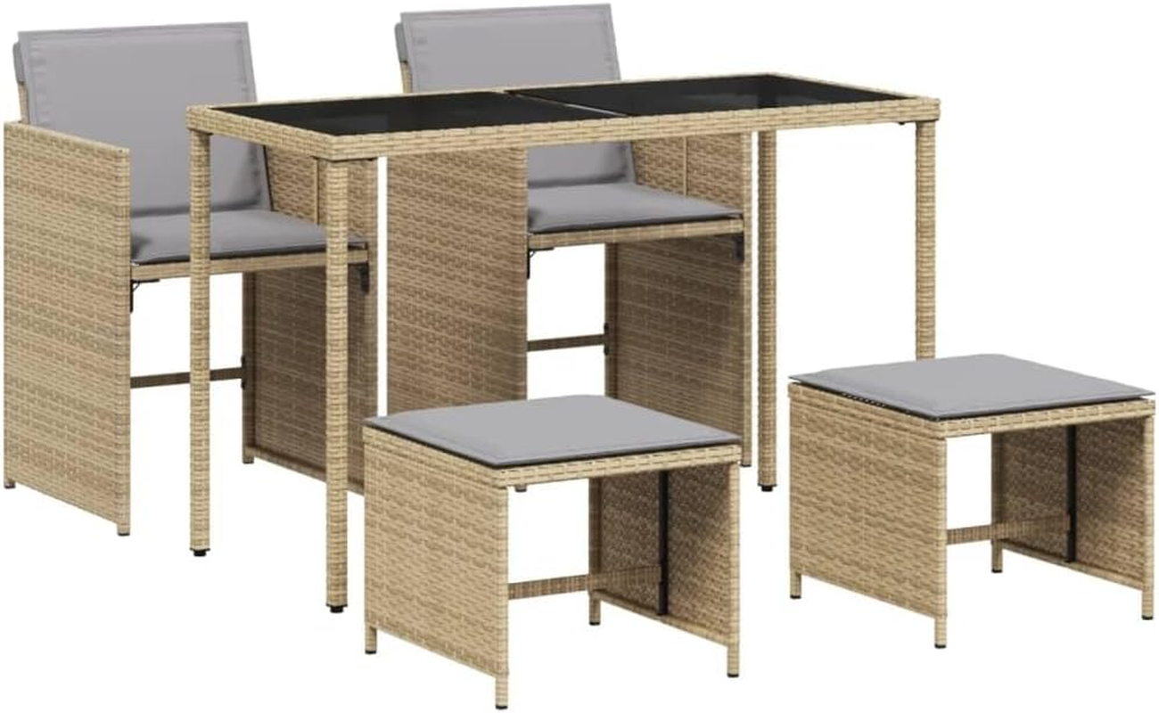 Vidaxl 5-Piece Bistro Garden Dining Set-Light Grey Poly Rattan with Foldable Chairs, Tempered Glass Tabletop, Thick Cushions