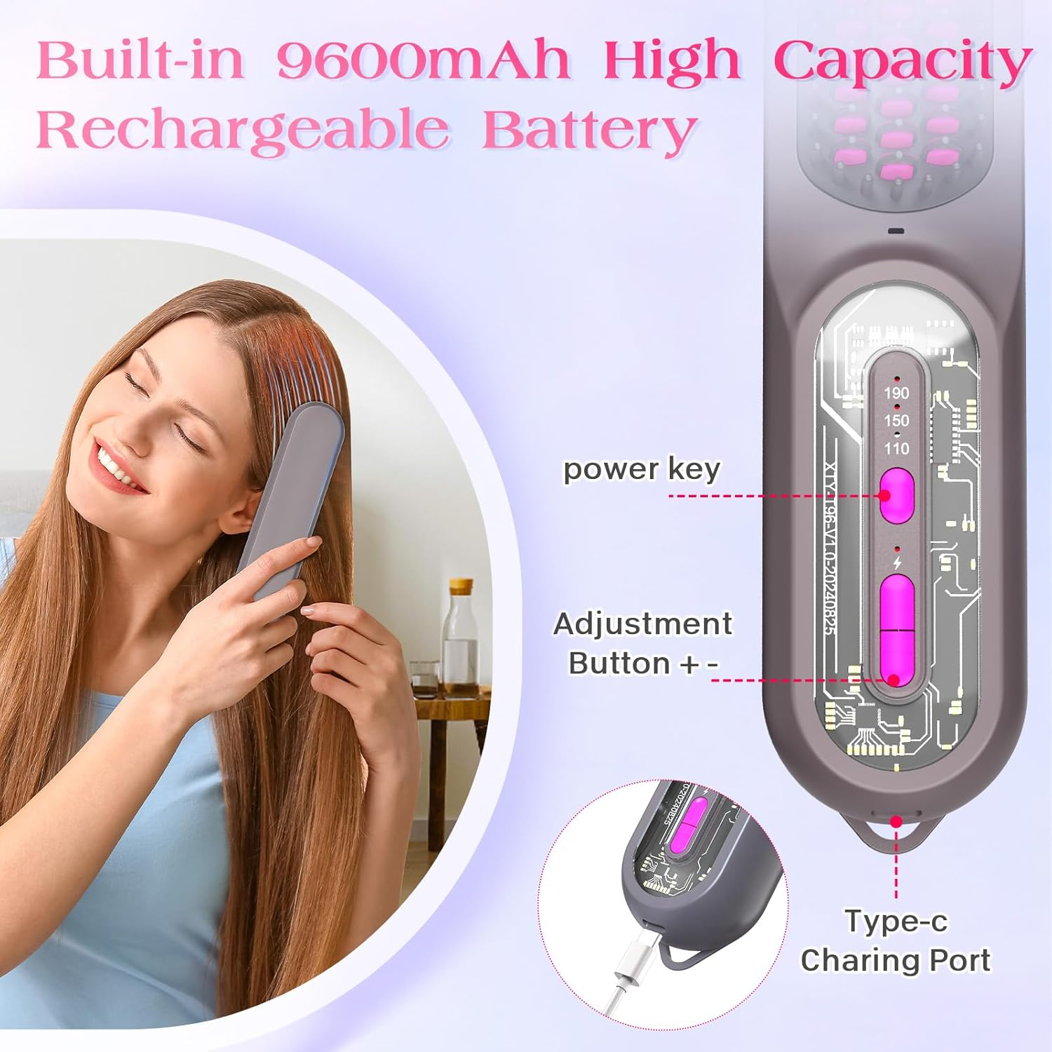 Electric Hair Straightener Brush, KYOEON Portable Cordless Mini Hair Straightening Brush for Women Travel, 9600Mah Rechargeable, Fast Heating Hair Straight Comb - Pink image number 5