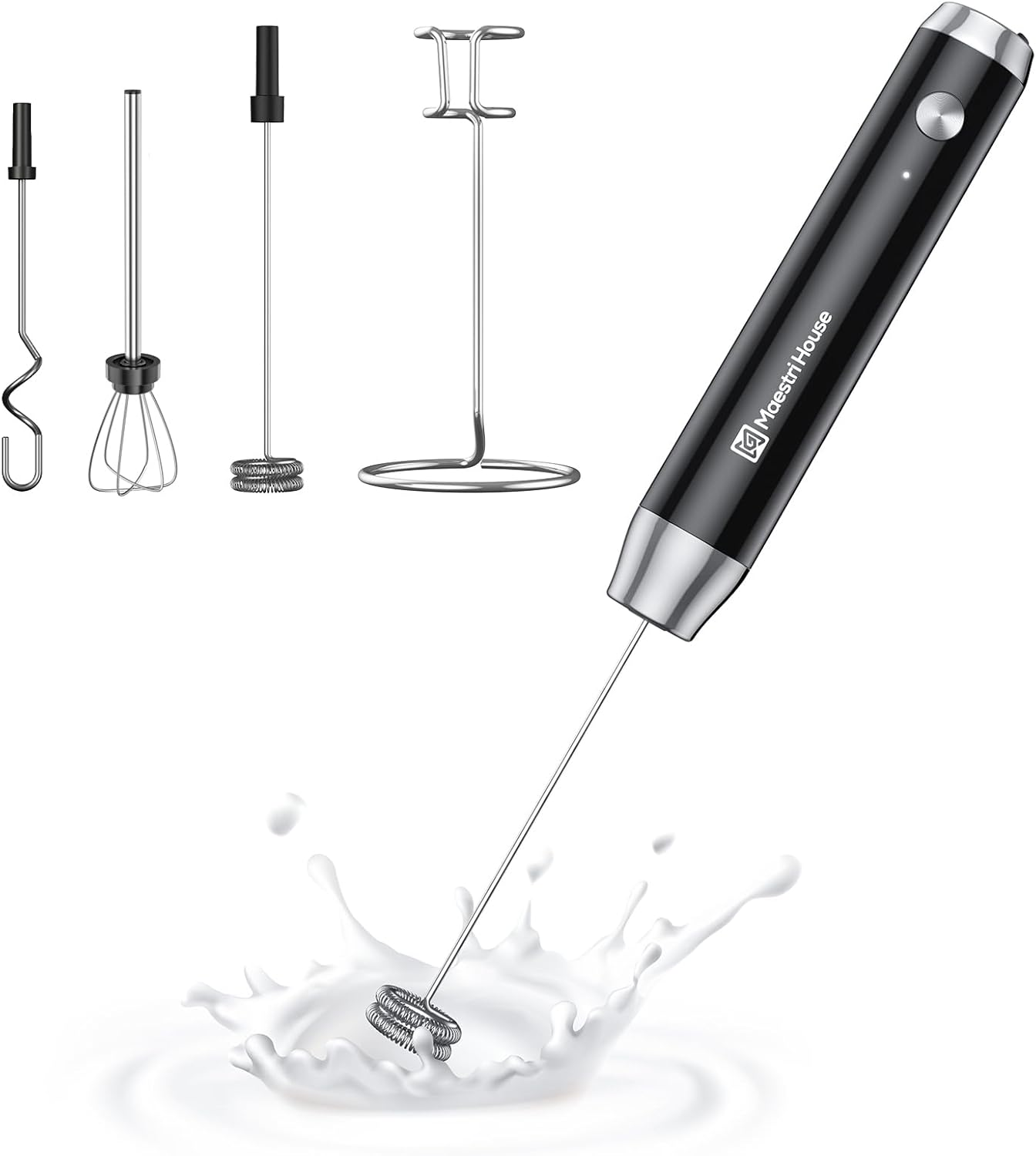 Maestri House Rechargeable Milk Frother with 3 Heads, Lunafro as Handheld Electric Foam Maker Waterproof Detachable Stainless Steel Whisk Drink Mixer Foamer with Stand for Lattes, Cappuccino, Egg