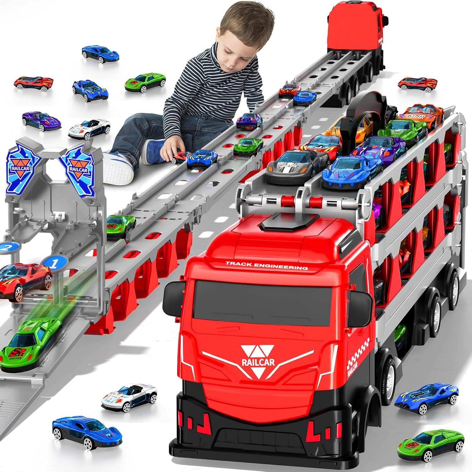 MSKOLER 78.7-Inch Race Cars Track Truck Toys for Boys 2 3 4 5 6 7 Years Old - Transport Carrier Trucks, Foldable Track Storage, Die-Cast Cars, for Toddlers & Kids Aged 3-5