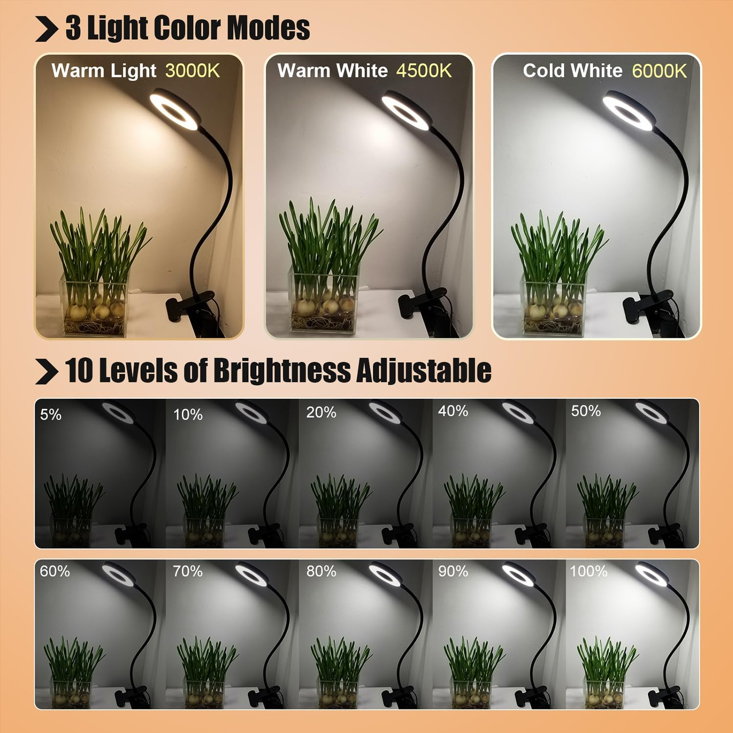 Clip on Desk Lamp, Clip on Light Reading Lights, 48 LED USB Desk Lamp with 3 Color Modes 10 Brightness, Clip Light Eye Protection Reading Lights, 360 &deg; Flexible Gooseneck Clamp Lamp for Work Study image number 2