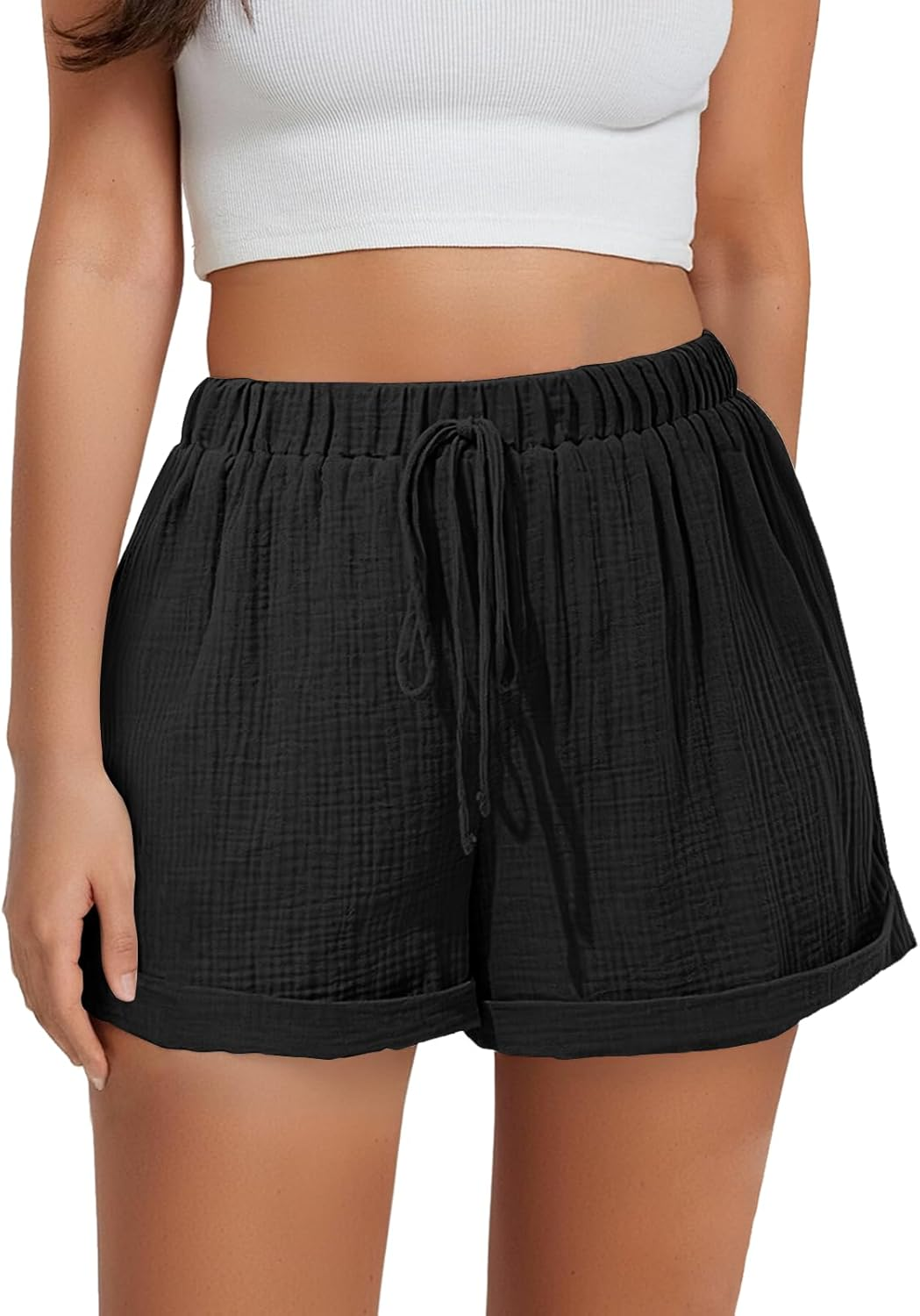 Linen Shorts Women Casual Trousers &ndash; Solid Drawstring Elastic Waist Hot Pants with Pockets, Cropped Half Length Capri Bermuda Shorts