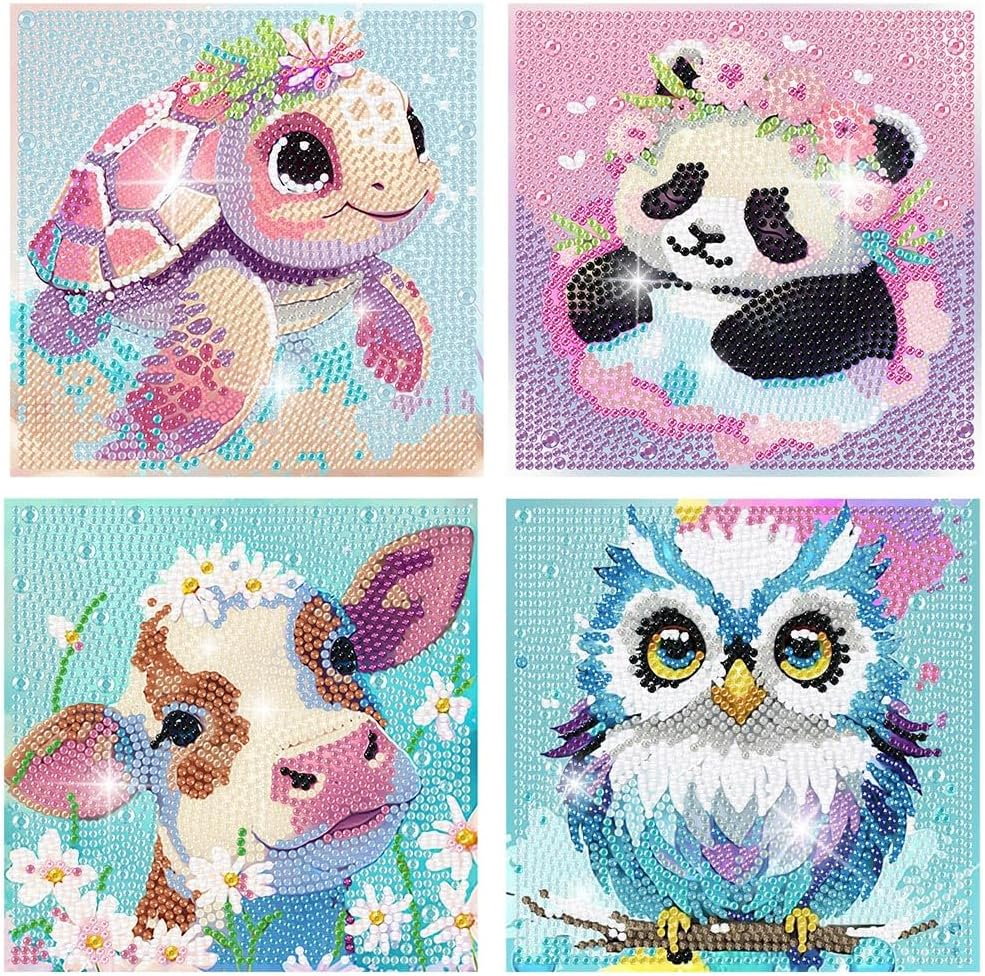 4 Packs 5D Cartoon Diamond Art Kits for Kids, Cute Animals DIY Diamond Arts Mosaic Kits for Adults Beginner, Full round Drill Gem Art for Home Wall Decor Kids Present 6X6 Inch