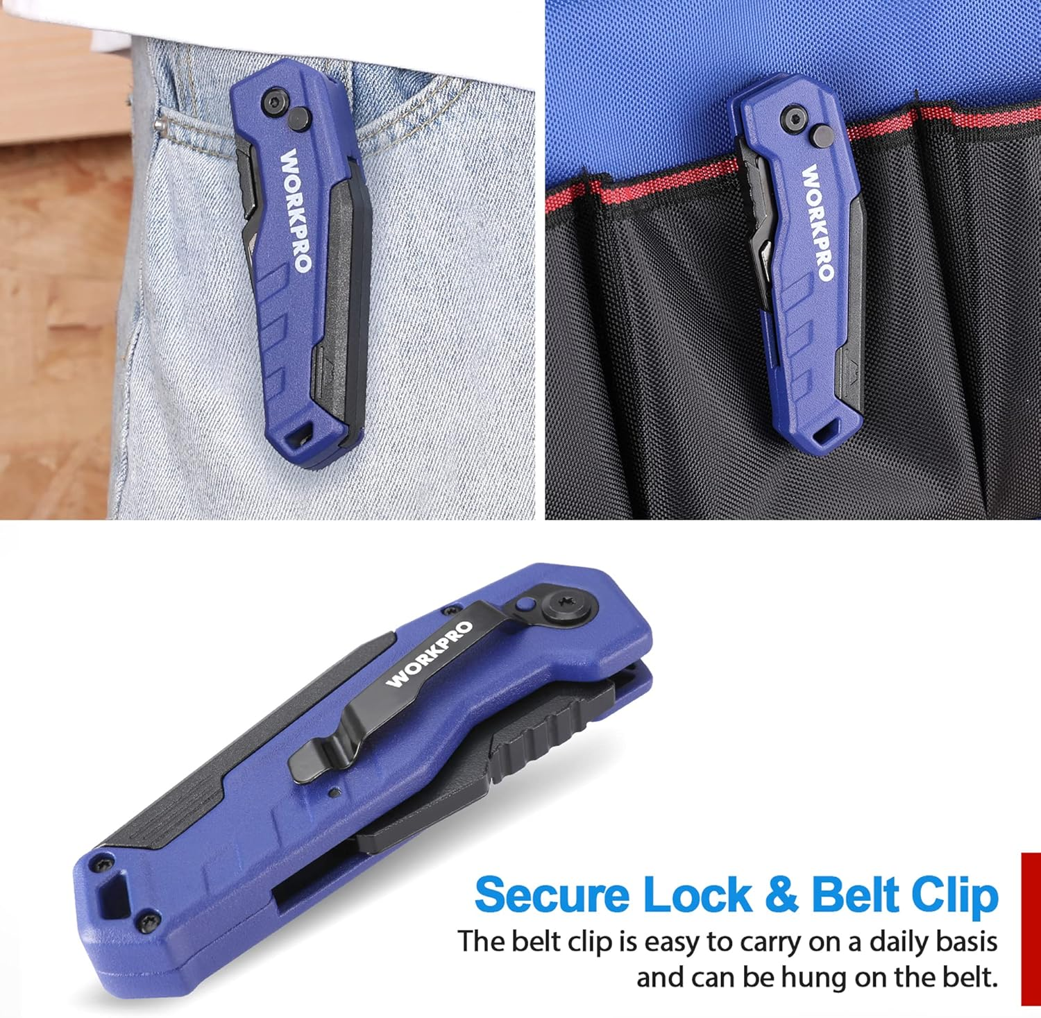 WORKPRO Folding Utility Knife, Quick Change Box Cutter, Razor Knife for Cartons, Cardboard, Boxes, Blade Storage in Aluminum Handle, 13 Extra Blades Included (Blue) - Red image number 2