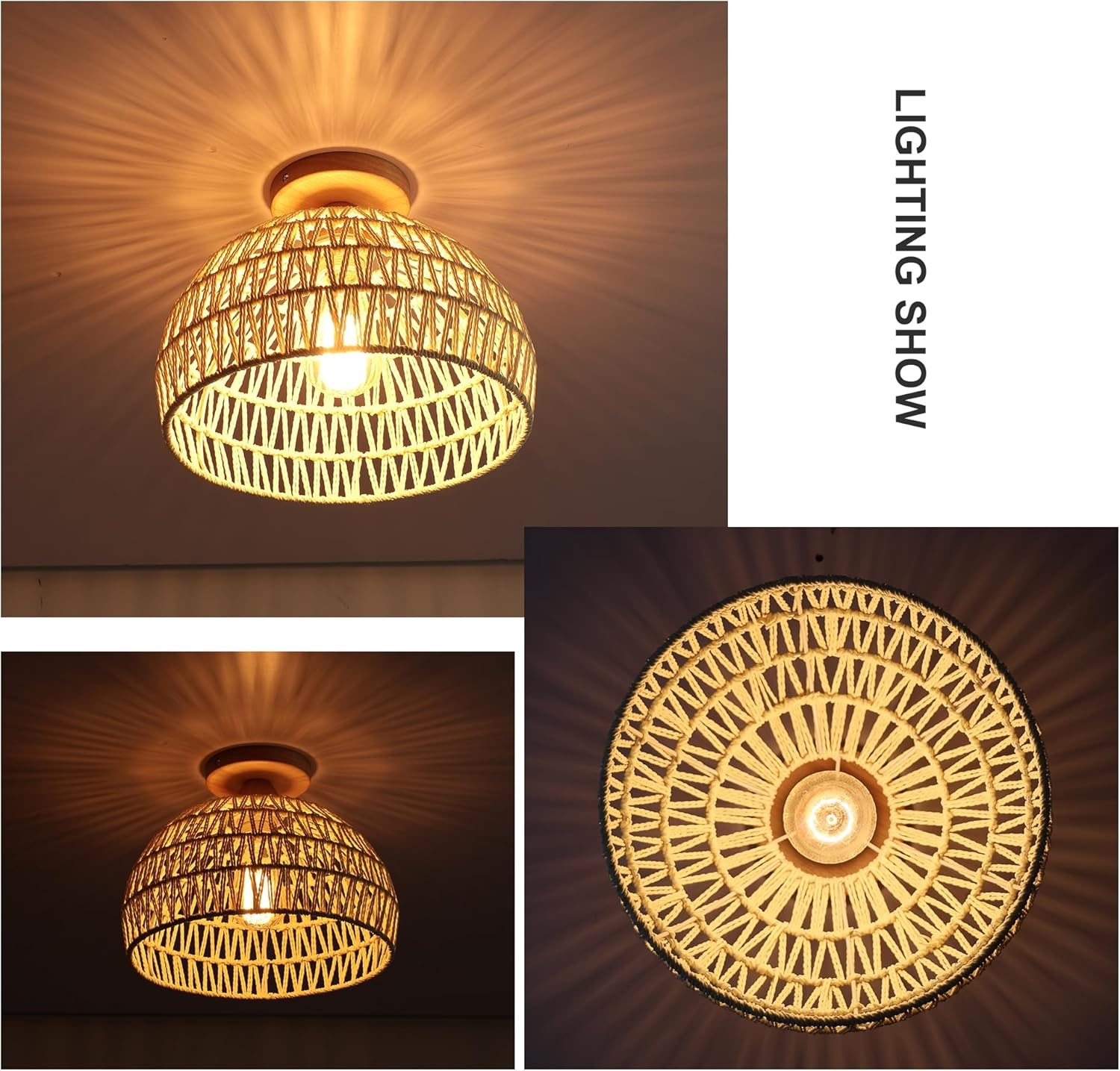 Oninio Rattan Ceiling Light,Boho Semi Recessed Ceiling Light,Handmade Lighting Fixtures,E27 Vintage Chandelier Rustic White Rattan Lamp for Living Room Bedroom Dining Kitchen Bulb Not Included