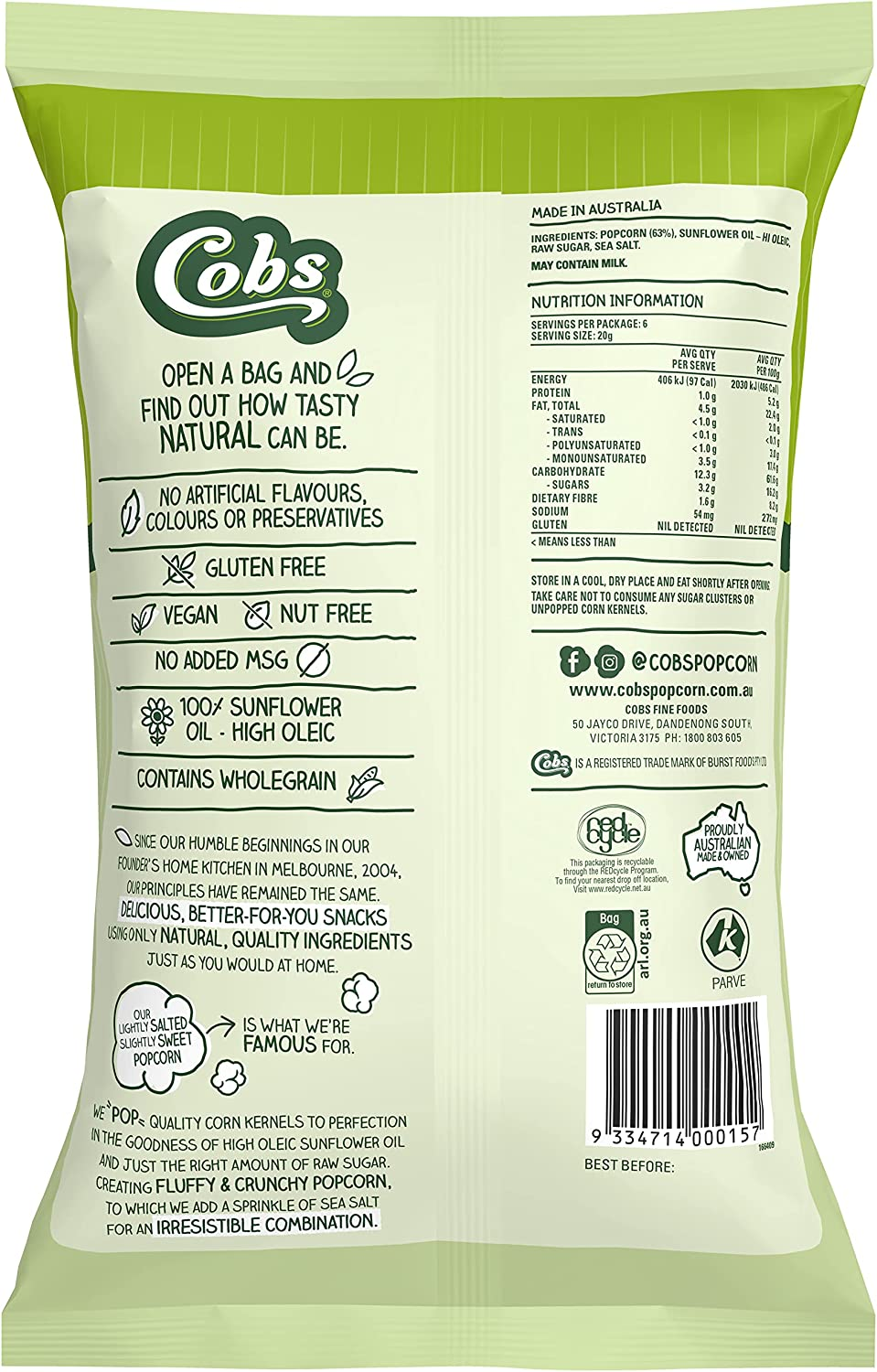 Cobs Natural Lightly Salted and Slightly Sweet Popcorn, 12 X 120 Grams