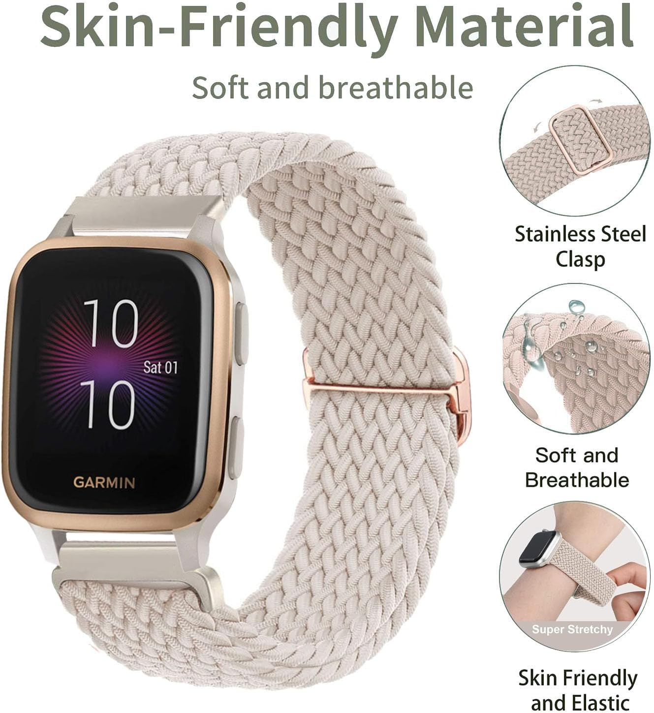 2 Pack Braided Stretchy Nylon Watch Bands Compatible with Garmin Venu Sq/Venu Sq 2/Venu 2 Plus, 20Mm Loop Elastic Fabric Straps for Garmin Vivoactive 5 / Vivoactive 3 Women Men image number 2