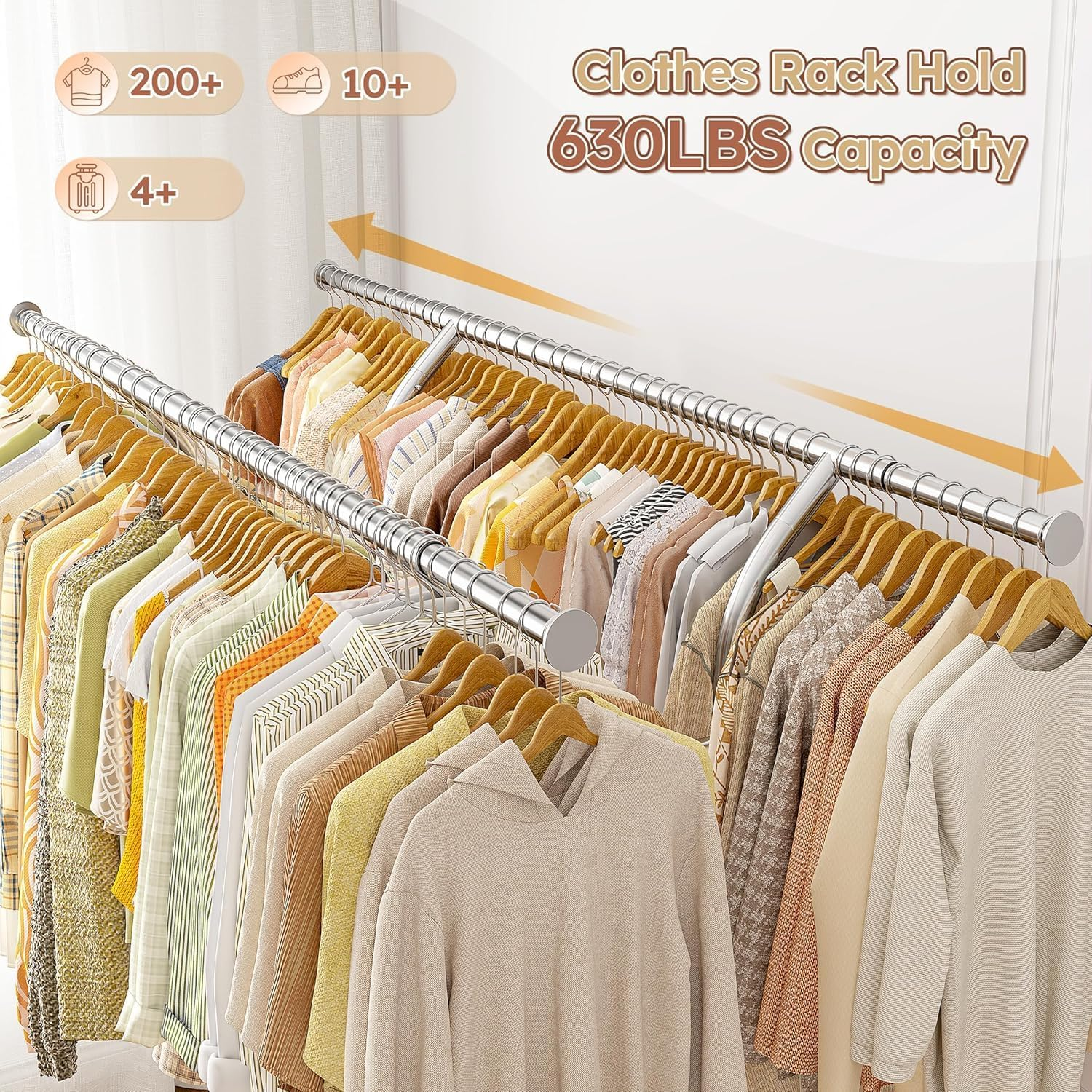 Clothes Rack Heavy Duty Clothing Rack with Wheels Load 630LBS Clothing Racks for Hanging Clothes Rolling Clothes Rack Adjustable Garment Rack Commercial Portable 74" Wx 25" Dx70 H image number 4