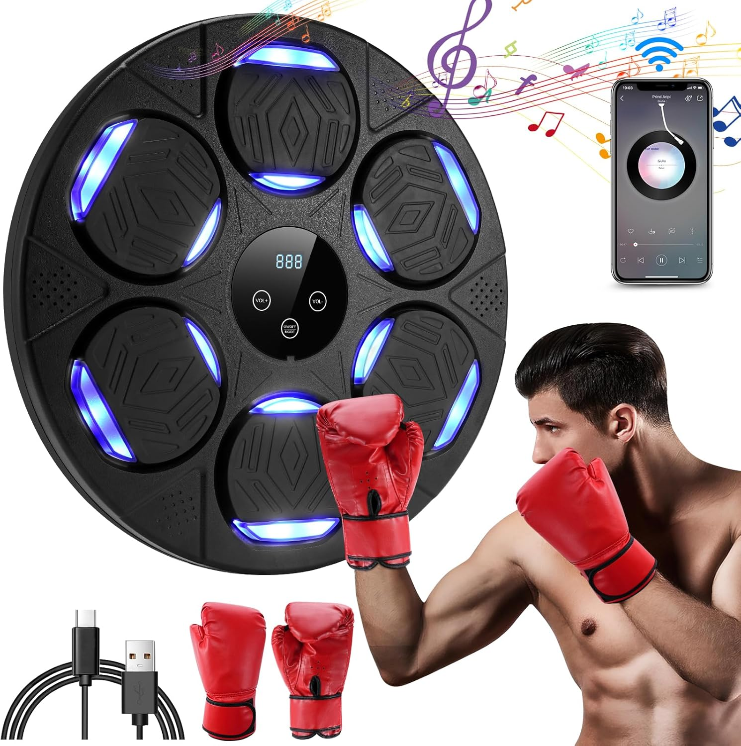 Music Boxing Machine, Smart Boxing Machine Wall Mounted with Boxing Gloves USB Charging Punching Machine Game Training Equipment Pad Devices Bluetooth Connection for Kids/Adults image number 5