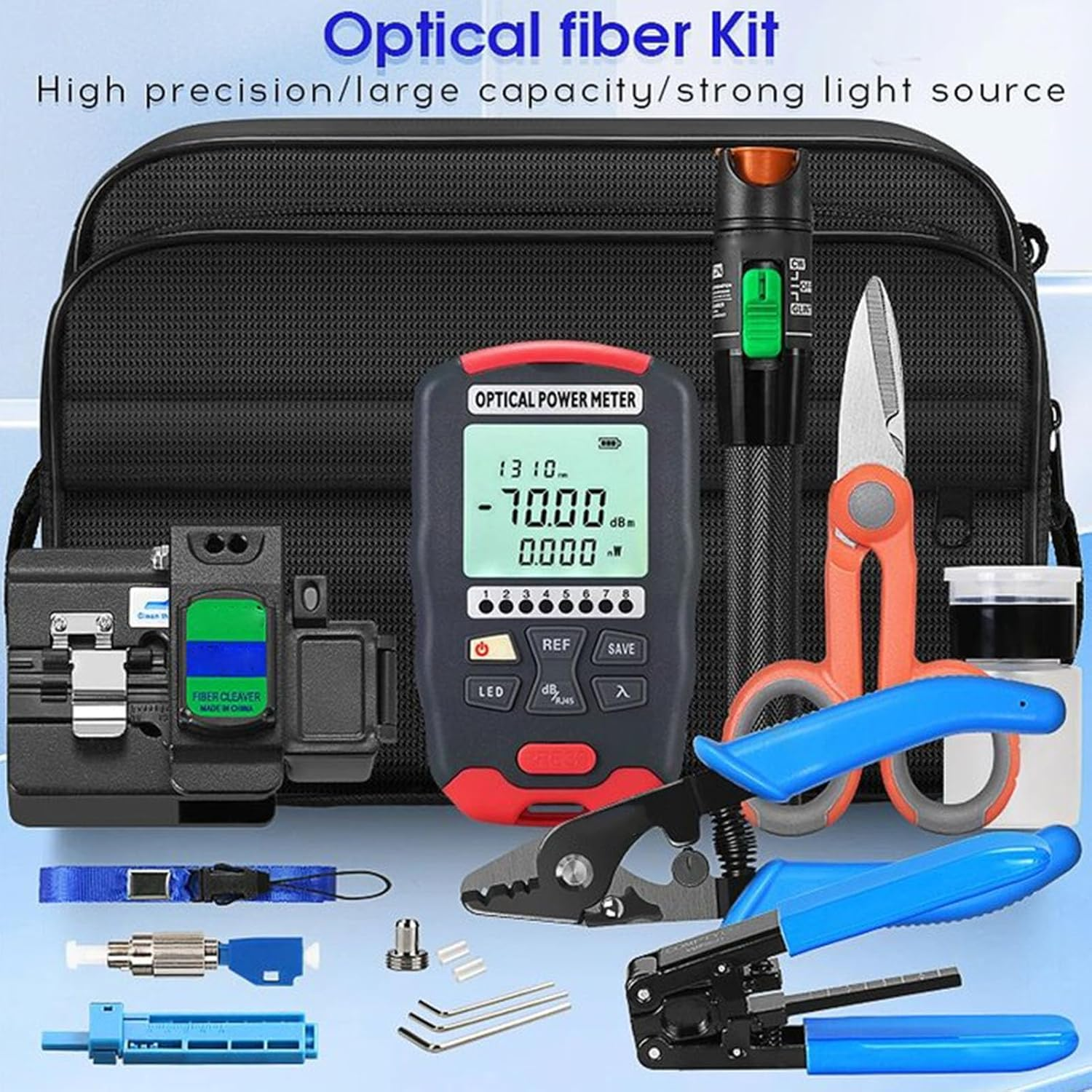 24 Pieces Fiber Optic Tool Kit, Optical Power Meter, Visual Fault Locator, Cable Stripper, Shears, Cleaver, Pliers, Case, Alcohol Bottle, AUA D7, 30Mw, for Fiber Termination
