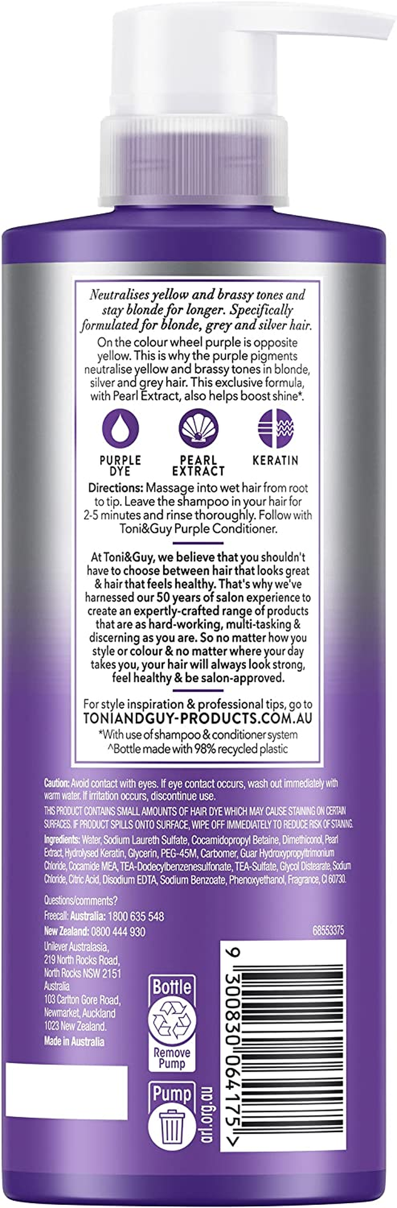 Toni & Guy Shampoo Purple for Bleached Blonde Hair with Pearl Extract, 600Ml image number 1