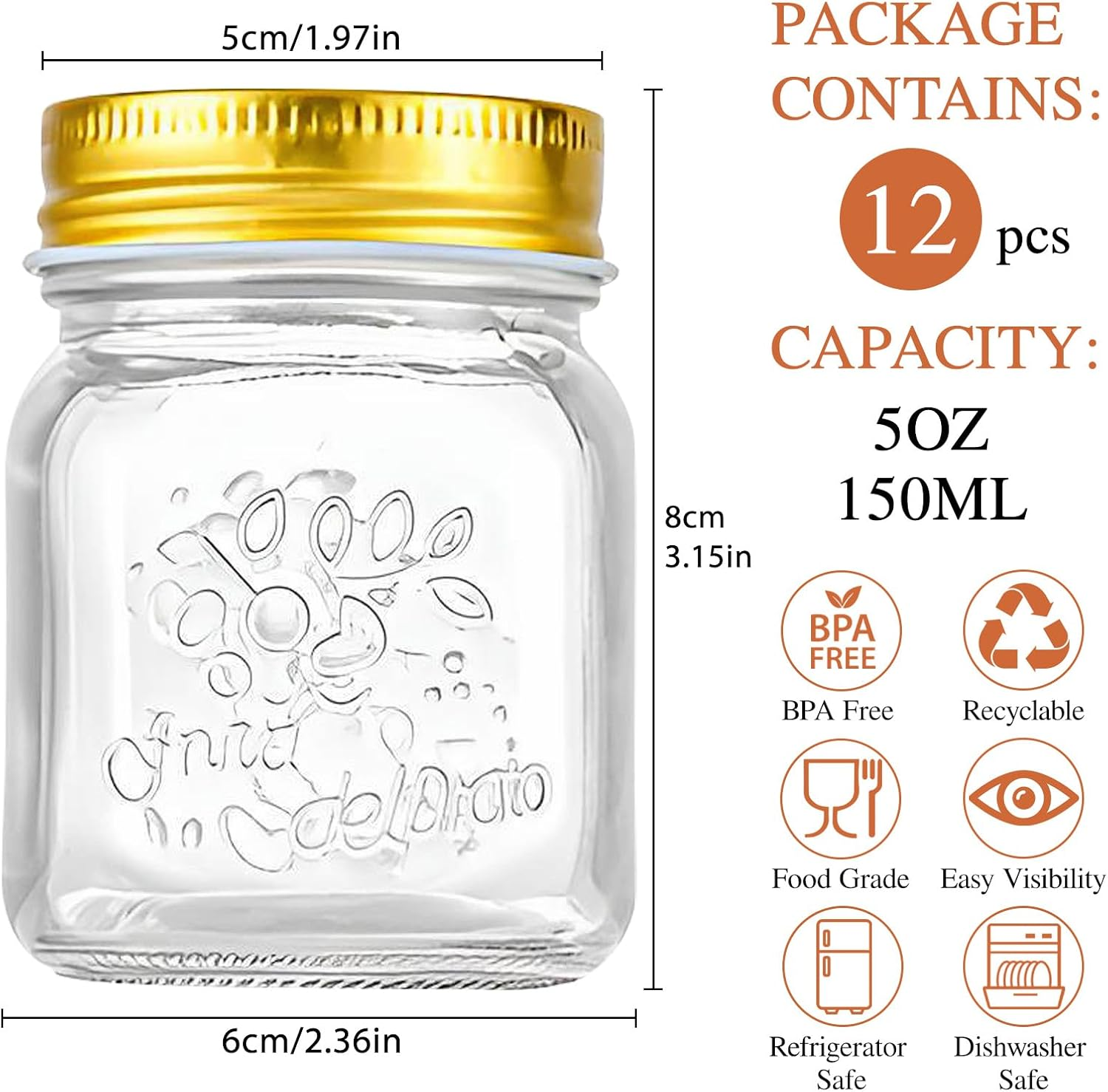 Fayrvind 12 Pack 150Ml Small Mason Jars with Airtight Lid, Mini Glass Canning Jar for Pickling Fermenting Sauce, Spices, Storing Honey Yogurt Jelly Jams Oats Preserve Jar, 12 Label Pen Included image number 1