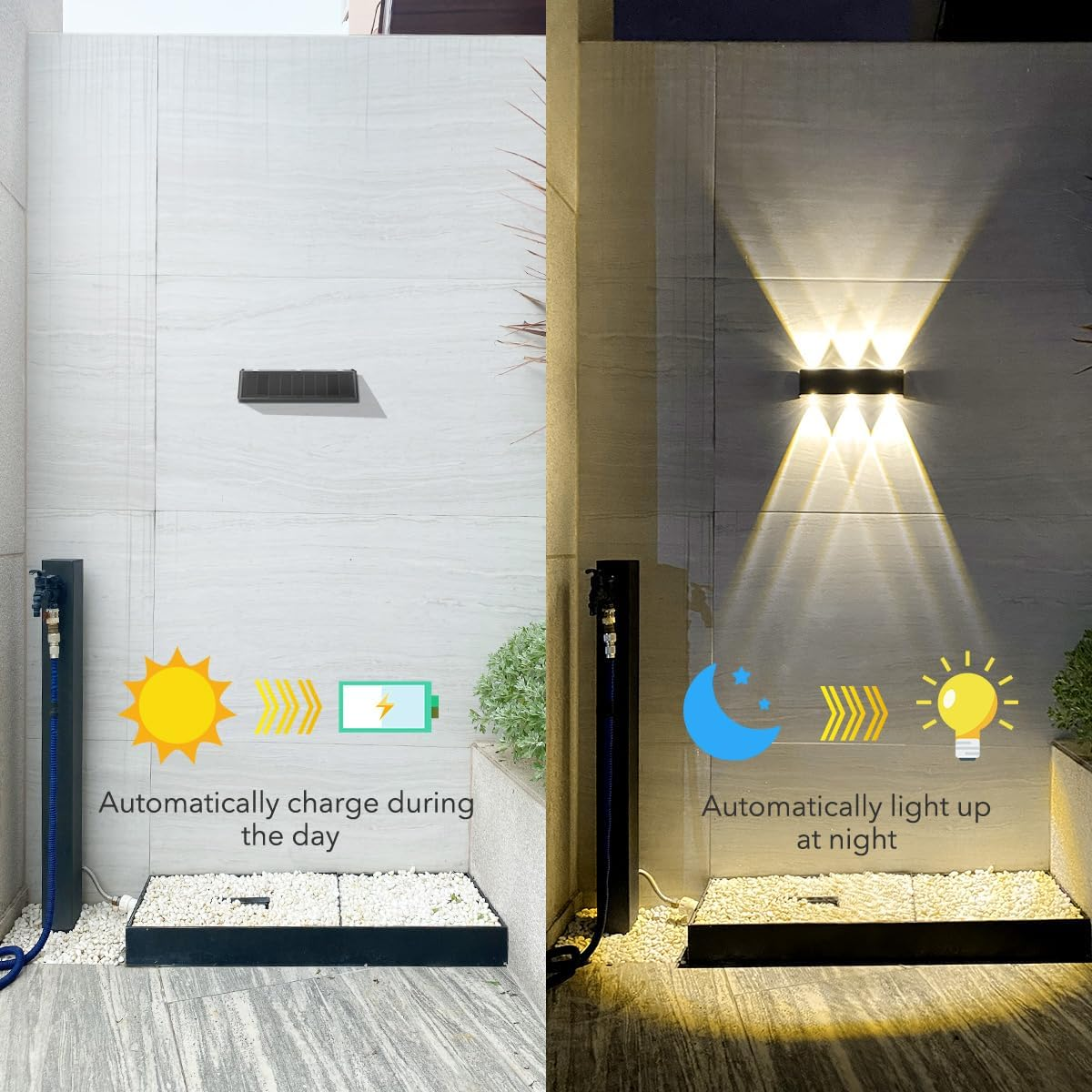 Solar Lights Outdoor Waterproof 3000K Warm Aluminum up and down Wall Sconce Dusk to Dawn 2PACK for Outside, Sign, Fence, Yard image number 3
