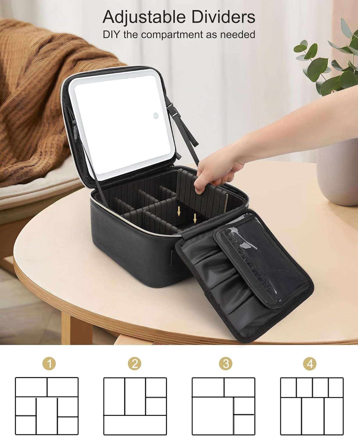 Travel Makeup Bag with LED Mirror, Cosmetic Train Case with Light up Mirror, Portable Makeup Artist Organizer Bag with Adjustable Dividers, Makeup Brush Holder Storage, Black image number 4
