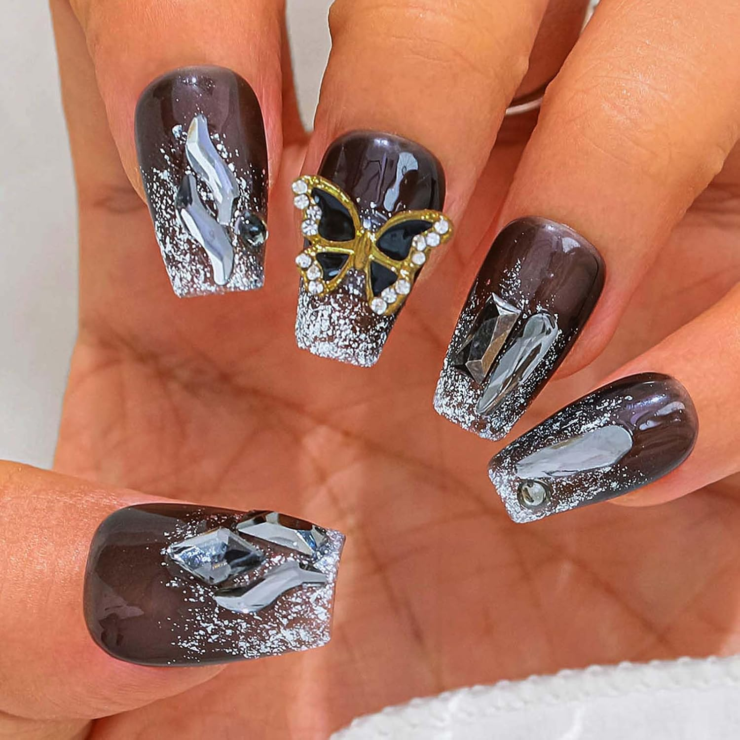 Sethexy Black Rhinestone Handmade Fake Nail Medium Coffin False Nails Crystal Acrylic Glossy Press on Nail Salon Nails Metallic for Women and Girls 10PCS (F)