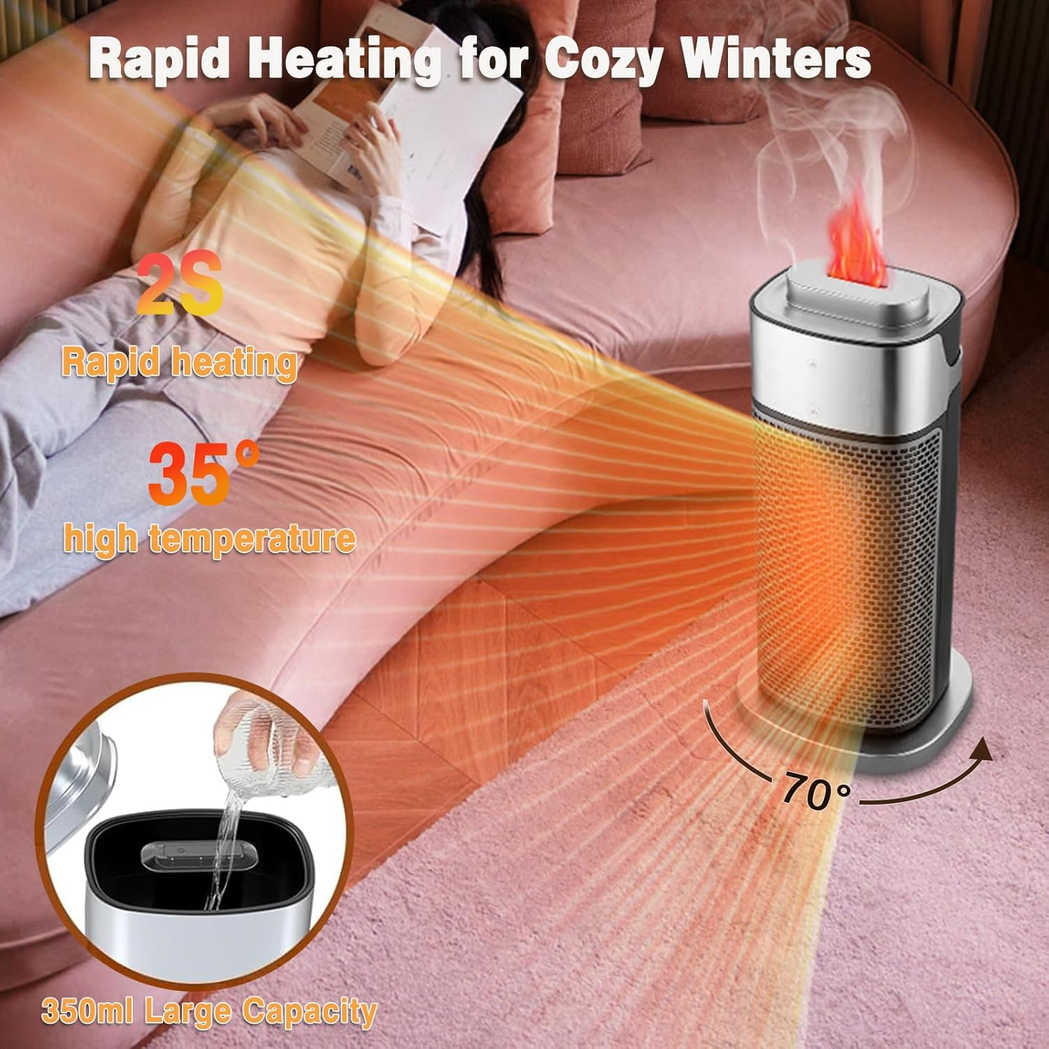 Space Heater Indoor with Humidifier & Flame Night Light - 2000W PTC Ceramic Heater Fast Heating with Remote, Oscillation, Timer with Thermostat for Office Bedroom (AU Plug)