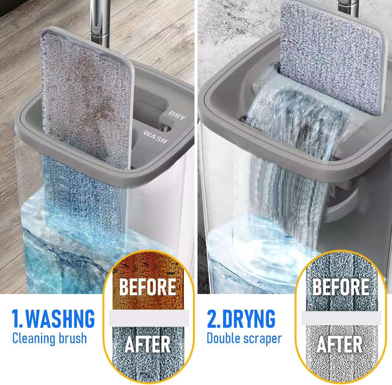 Yarra Supply Flat Floor Mop Bucket Set, Mop and Bucket Wringer Set with Stainless-Steel Handle,10 Washable & Reusable Microfiber Pads, for Home House, Hardwood Laminate Floors