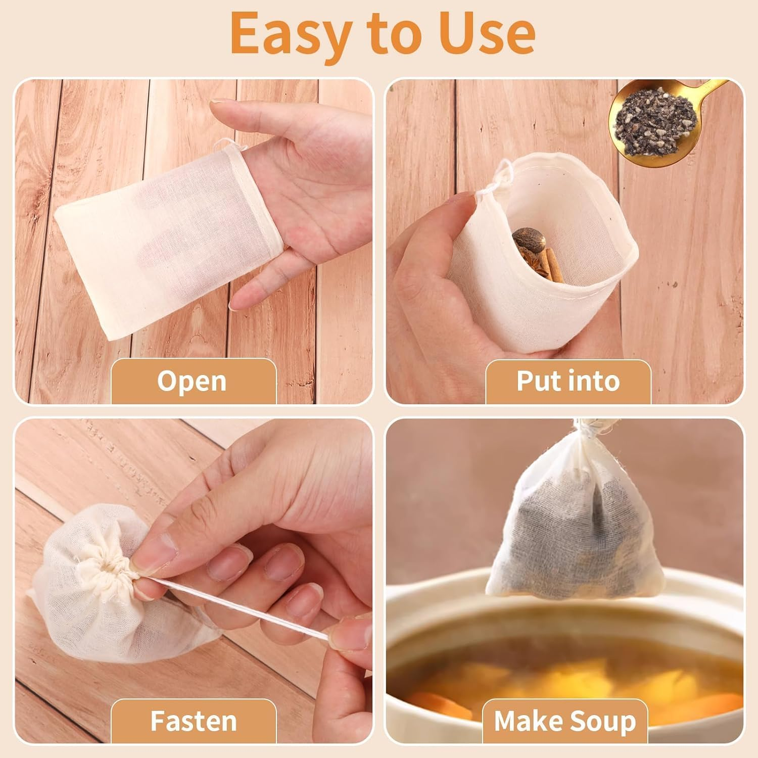40 Pcs Reusable Muslin Spice Bags &ndash; 10X15 CM Natural Cotton Drawstring Bags for Cooking, Soup, Tea, Straining, and Herb Sachets, Unbleached Cheesecloth for Loose Tea and Cheese image number 5