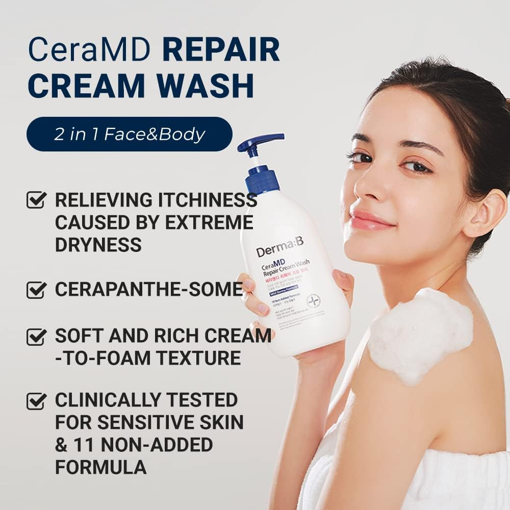 Derma B Ceramd Repair Cream Wash, Unscented Fragrance Free Creamy Face & Body Cleanser for Dry Sensitive Itchy Skin, Deep Moisture Paraben-Free Body Wash, Cream to Foam Cleanser, 13.5 Fl. Oz., 400Ml image number 5