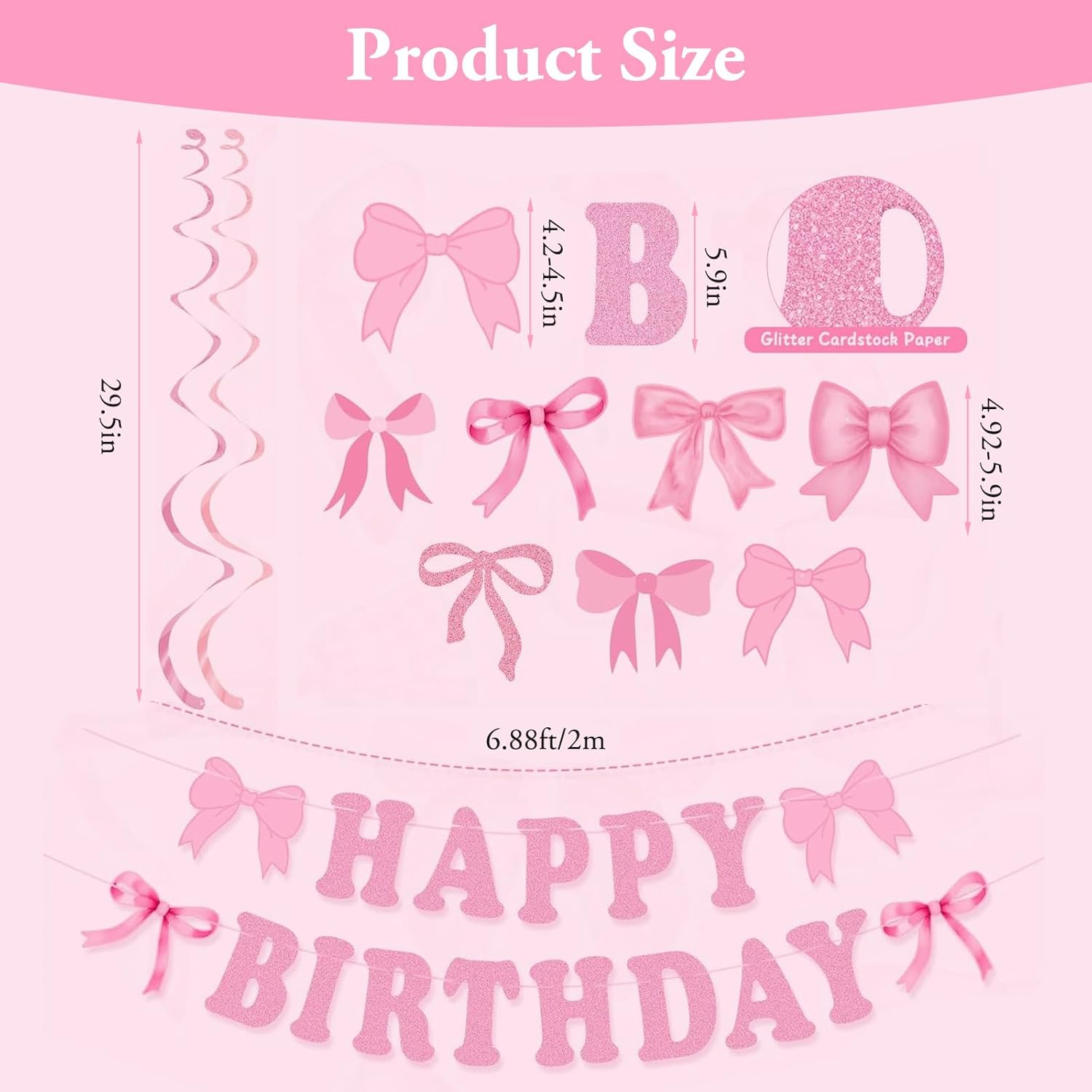 Pink Birthday Party Decorations, Pink Bow Party Banner with 14Pcs Bow Swirls Hanging Garland, Girl Baby Shower Garland, Coquette Birthday Decoration for Wall, Fireplace, Window image number 3