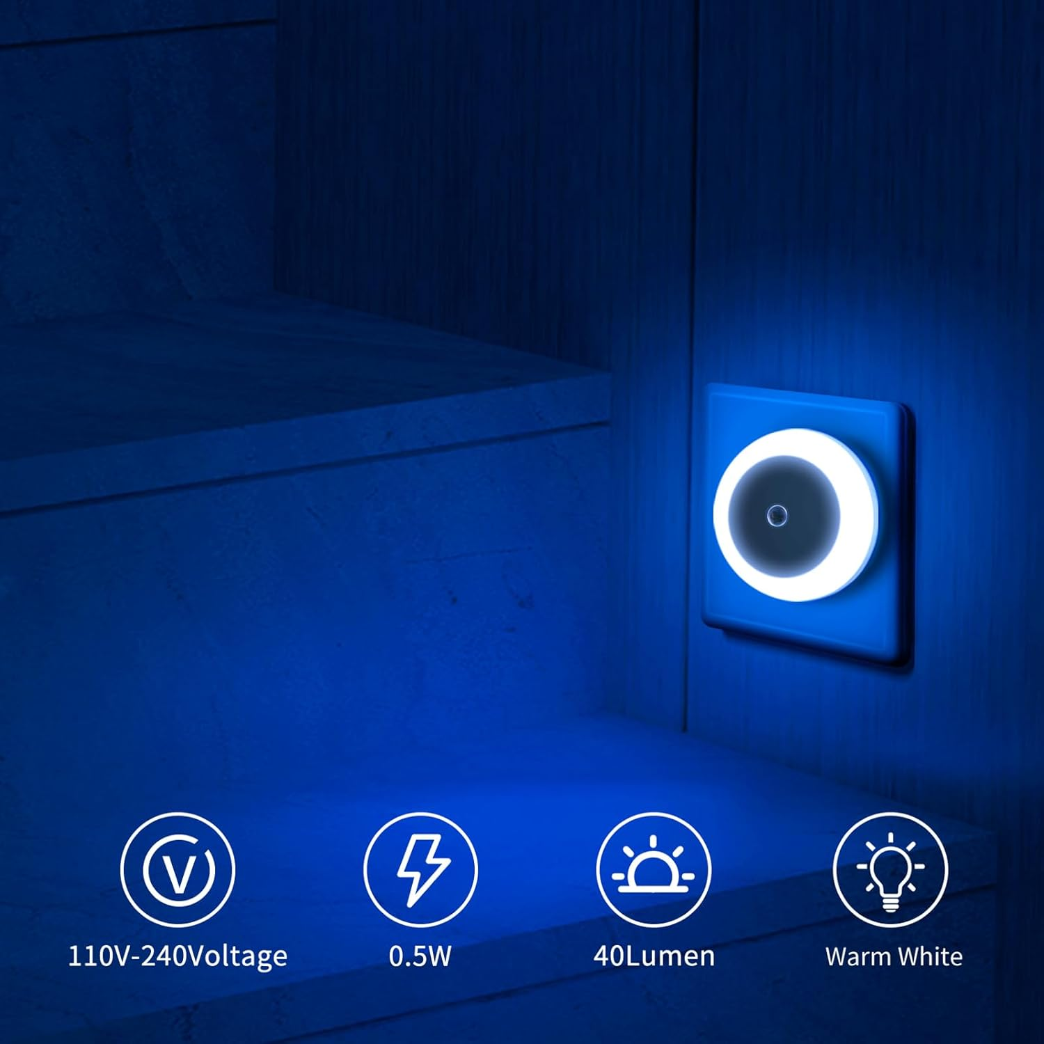 VIPMOON 4Pack Plug in Night Light, Auto Dusk to Dawn Sensor, Indoor Kid Baby Night Light Sensor, Auto LED Night Lights for Bedroom, Bathroom, Wall, Stairs, Cabinet, Hallway. AU Plug Blue - White image number 6
