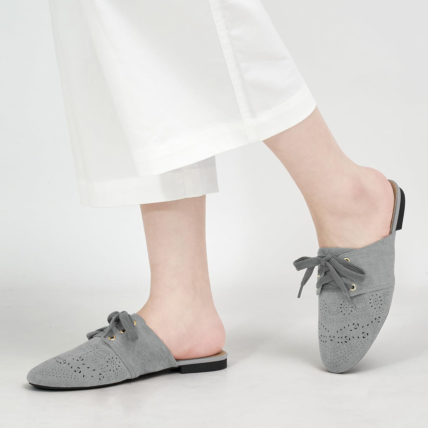 HARENCE Mules for Women Flats Shoes: Comfort round Toe Backless Loafers Casual Slip on Lace up Dressy Suede Mule