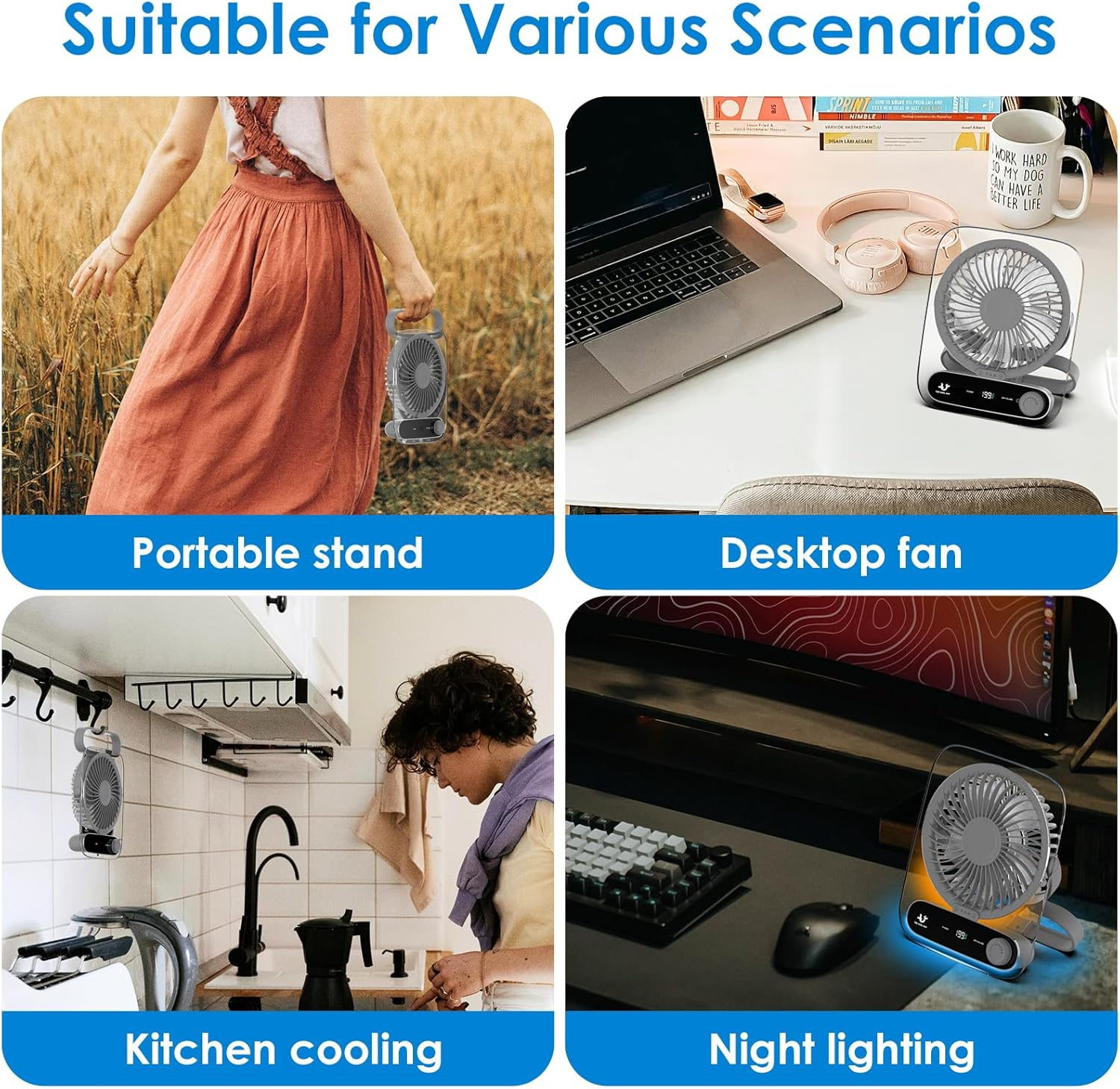 Simpeak Desk Fan Usb Rechargeable Fan, 199 Speed Portable Travel Fan, Operated 3-10 Hours, Silent Personal Small Table Fans for Bedroom Office Summer Outdoor (Grey) - Grey image number 2